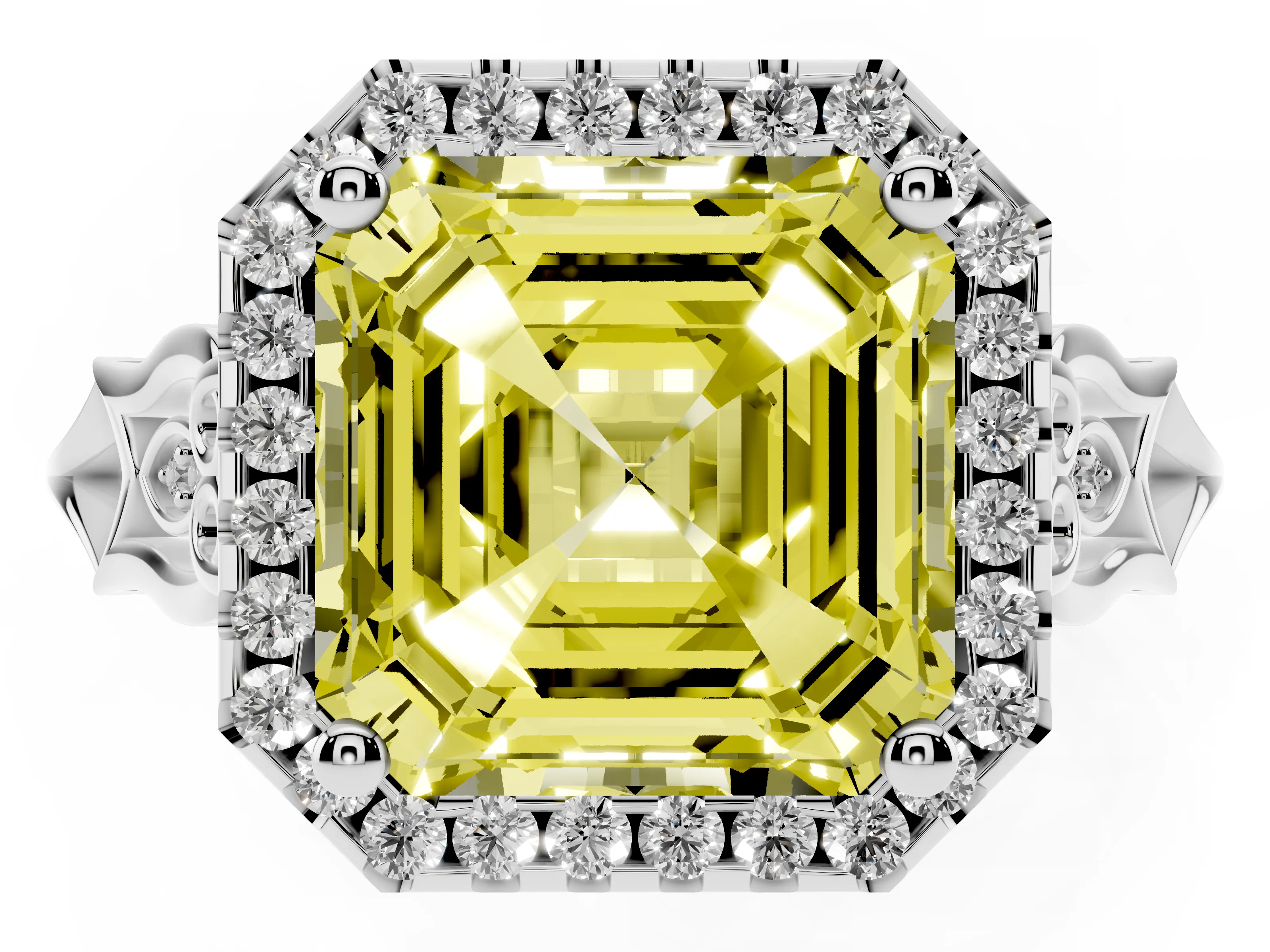 Fancy Yellow Asscher Cut Diamond Halo Engagement Ring Set in Silver with Filigree Band and Prong-Set Center