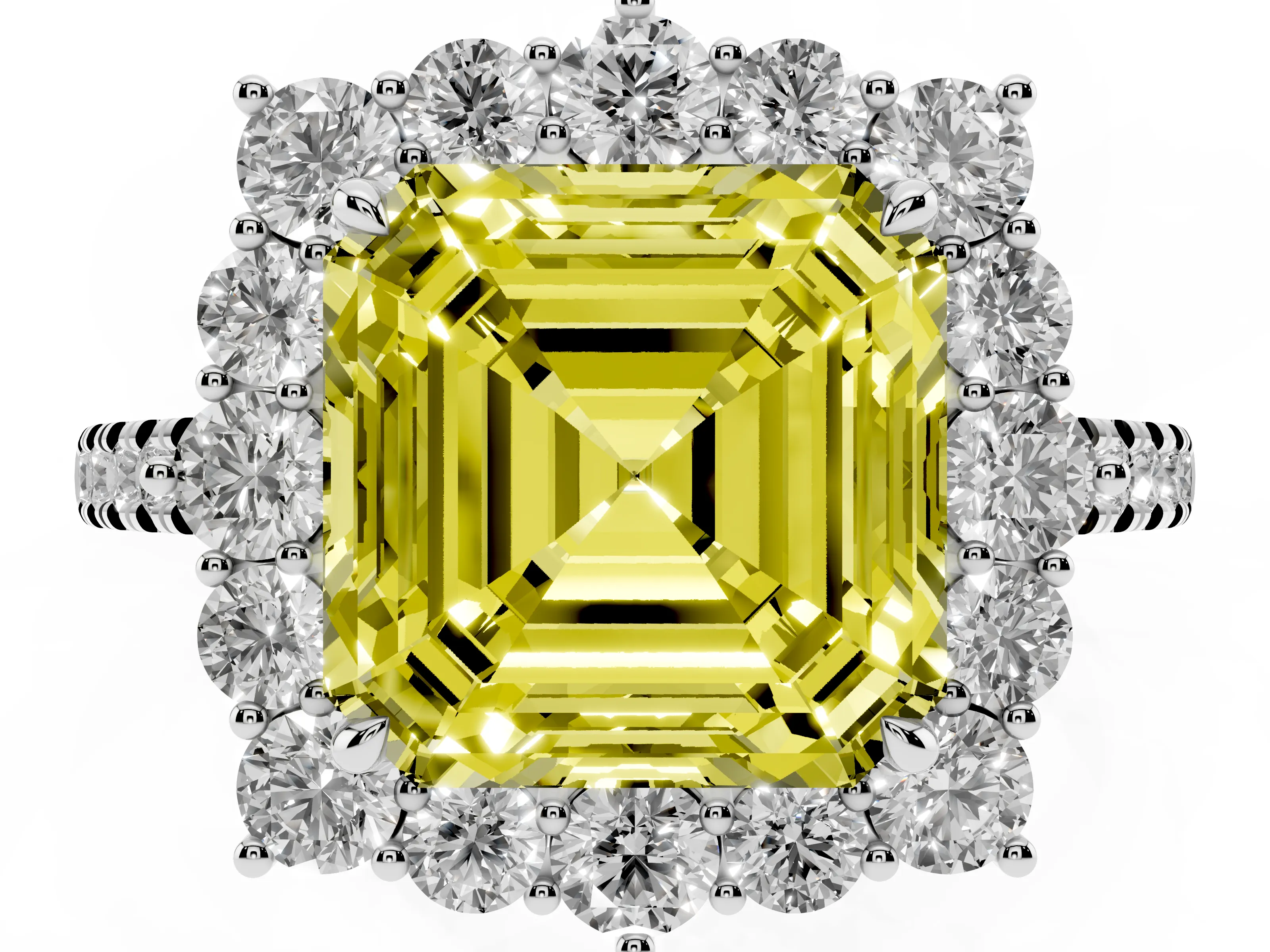 Fancy Yellow Asscher Cut Diamond Halo Ring Set in Platinum with Pavé Band and Prong Setting