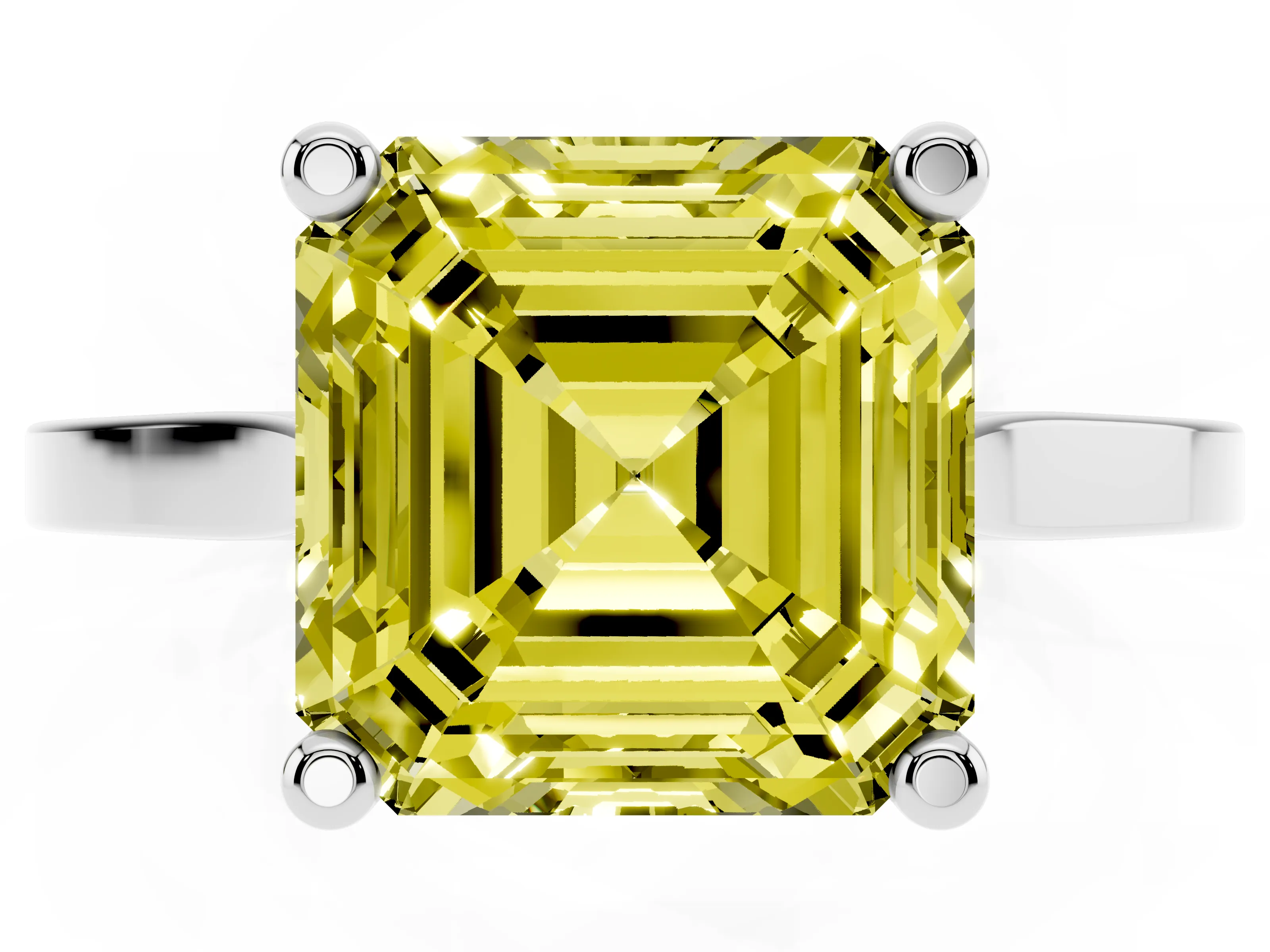 Fancy Yellow Asscher Cut Diamond Solitaire Ring Set in Silver with Prong Setting and Tapered Band