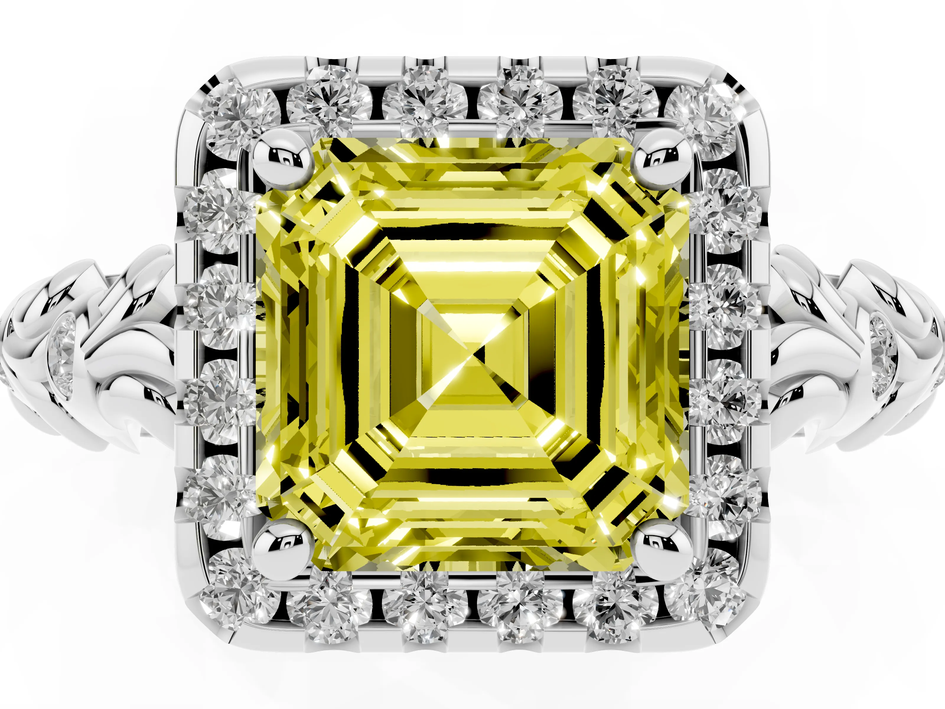 Fancy Yellow Asscher Cut Diamond Halo Ring Set in Platinum with Filigree Leaf Band and Prong Setting