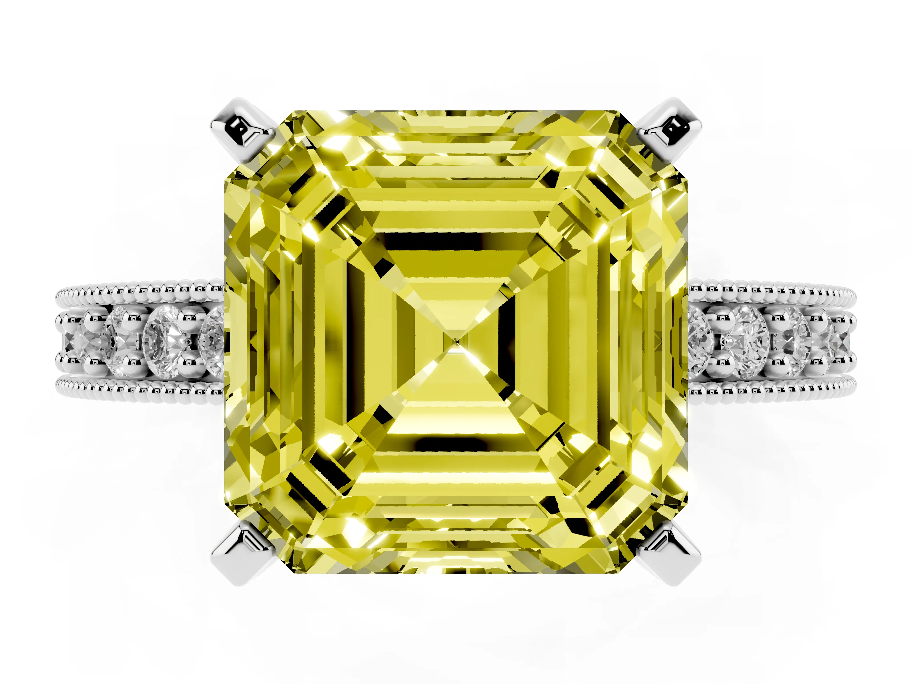 Fancy Yellow Asscher Cut Diamond Milgrain Pavé Engagement Ring Set in Silver with Prong Setting