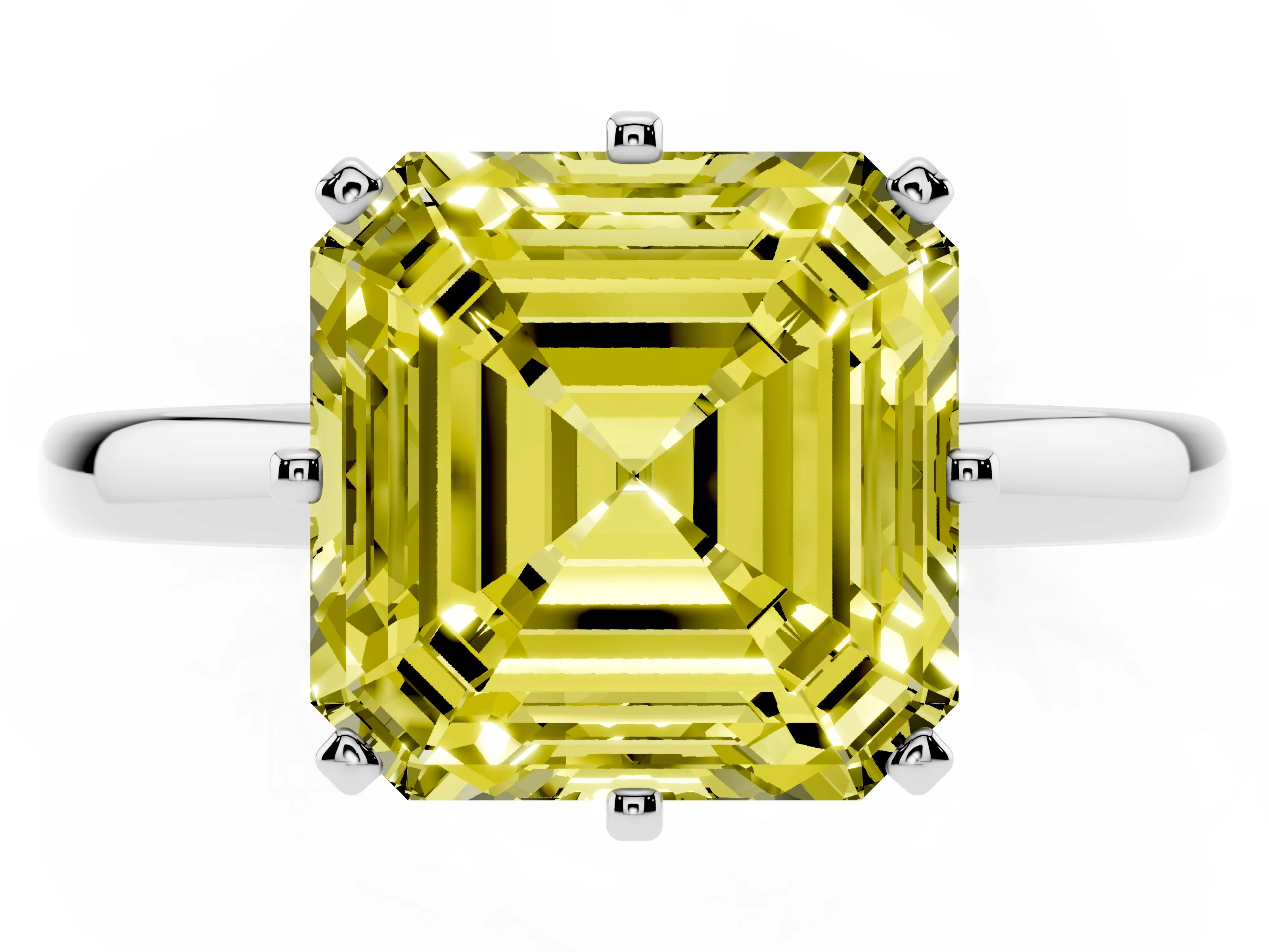 Fancy Yellow Asscher Cut Diamond Solitaire Ring Set in White gold with Raised Prong Setting on a Classic Band