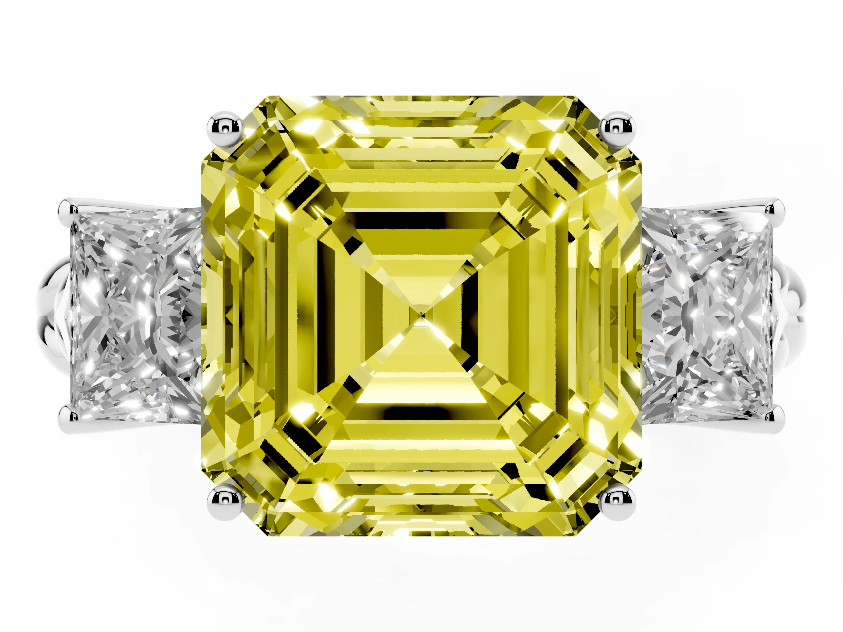 Fancy Yellow Asscher Cut Diamond Three-Stone Ring Set in White gold with Braided Band
