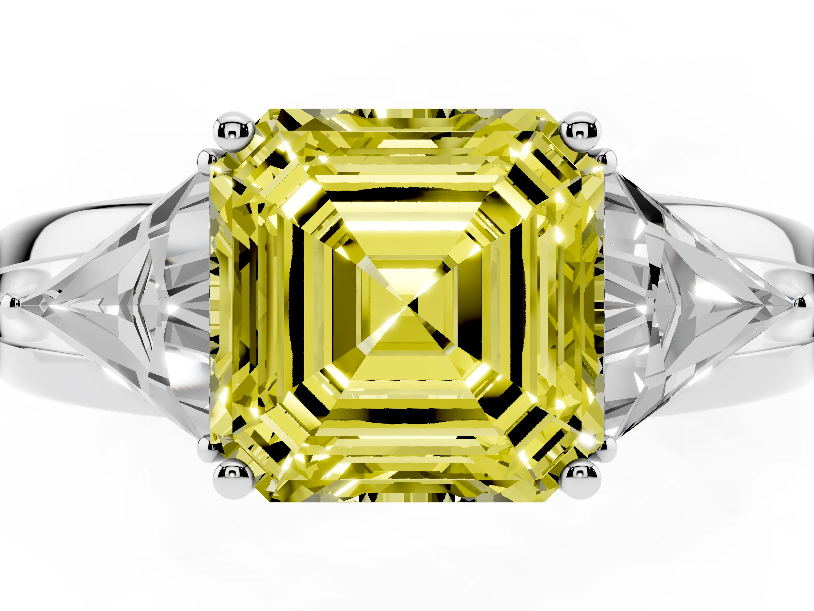 Fancy Yellow Asscher Cut Diamond Three-Stone Ring Set in Platinum with Trillion Side Stones and Split Shank