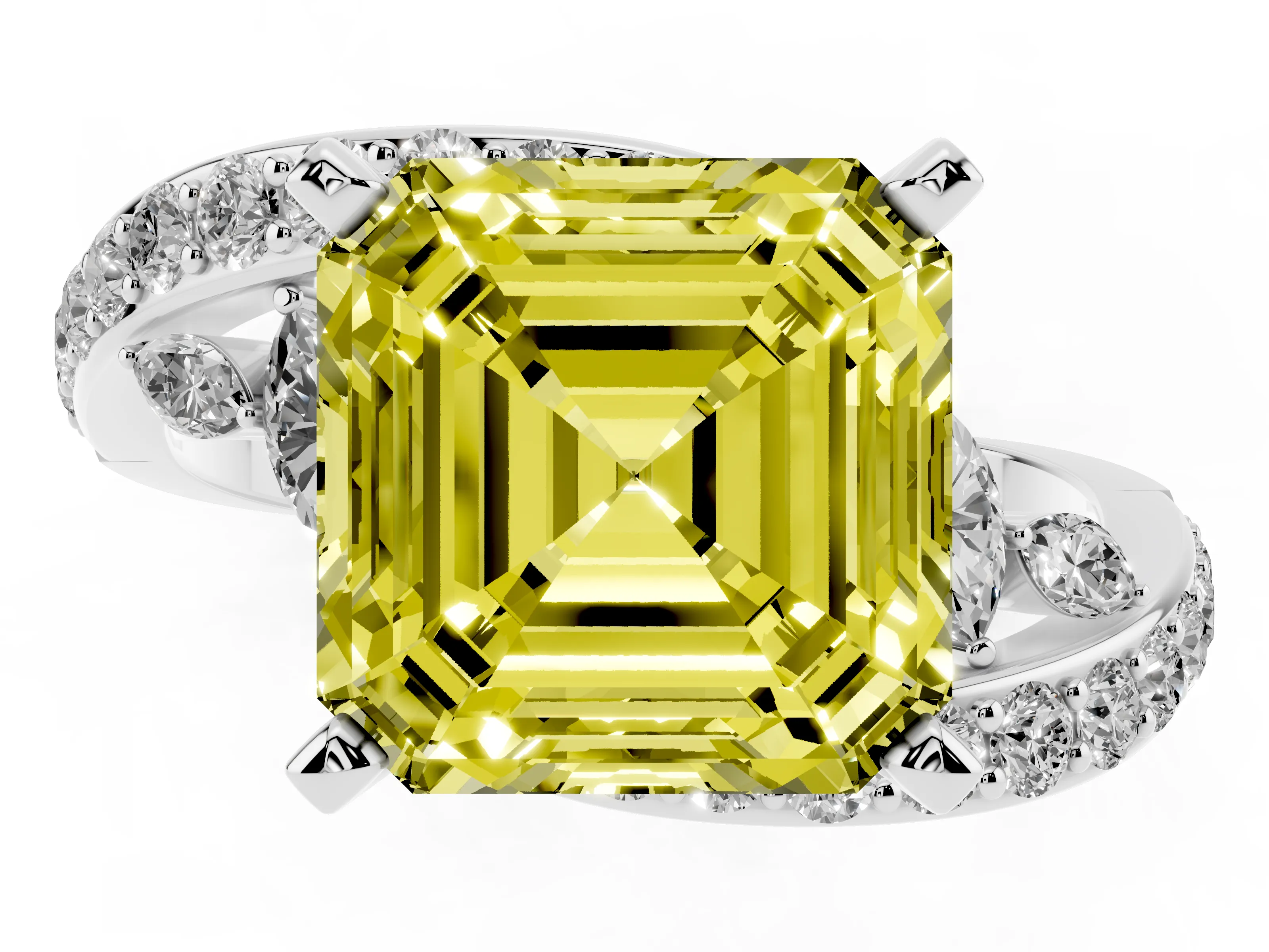 Fancy Yellow Asscher Cut Diamond Solitaire Ring Set in Silver with Pavé Twist Band and Secure Prong Setting