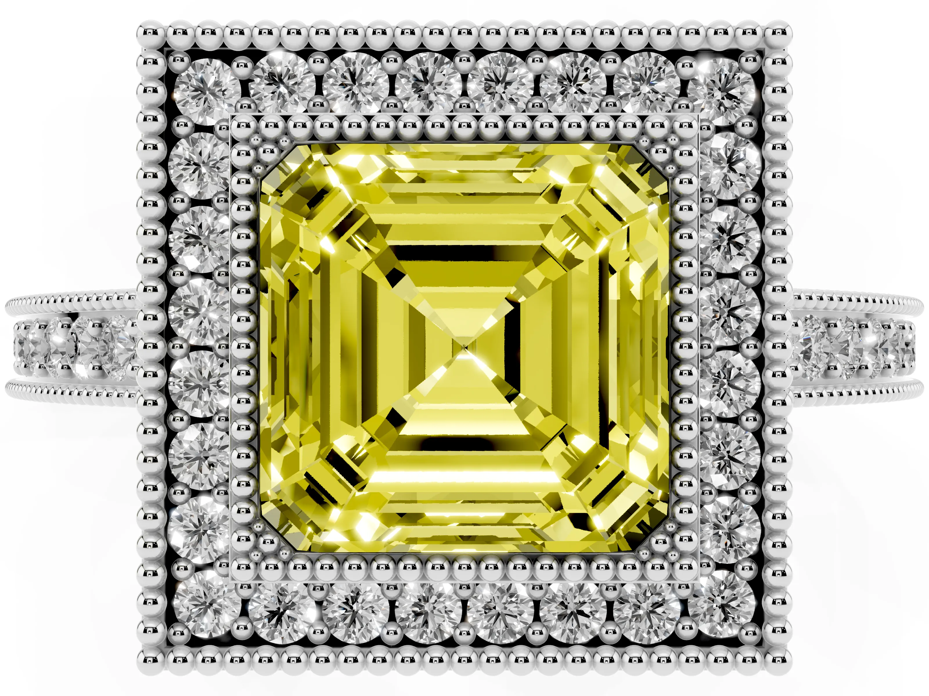 Fancy Yellow Asscher Cut Diamond Round Halo Ring Set in White gold with Pavé Band