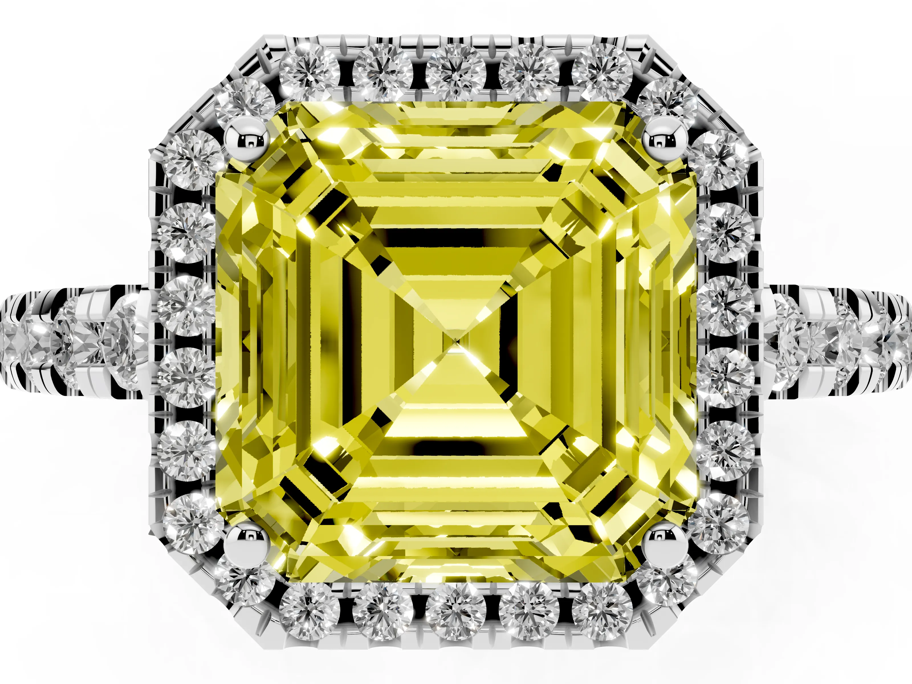 Fancy Yellow Asscher Cut Diamond Halo Ring Set in Platinum with Delicate Pavé Band and Prong Setting