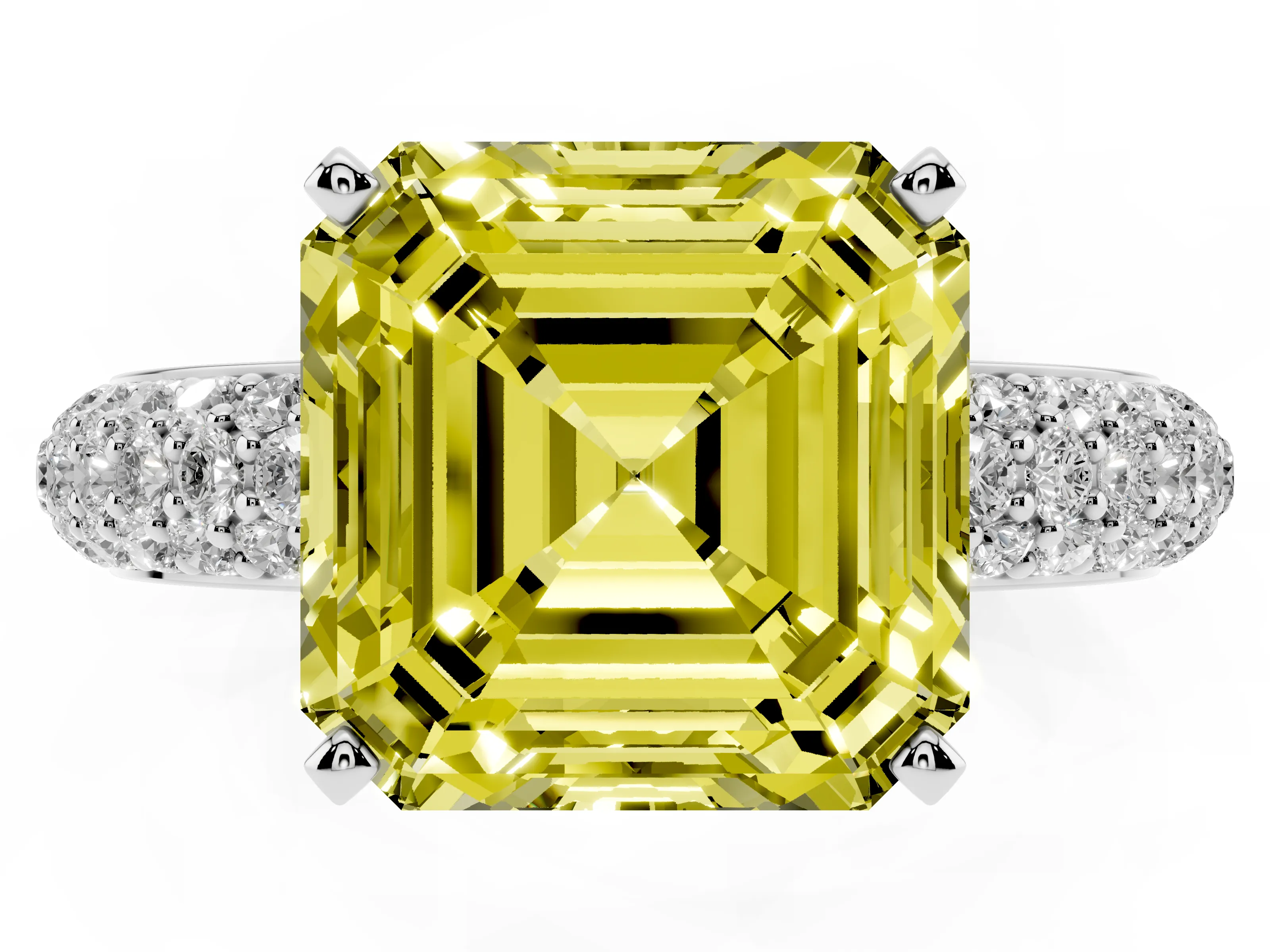 Fancy Yellow Asscher Cut Diamond Solitaire Ring Set in Silver with Prong Setting and Pavé-Set Band