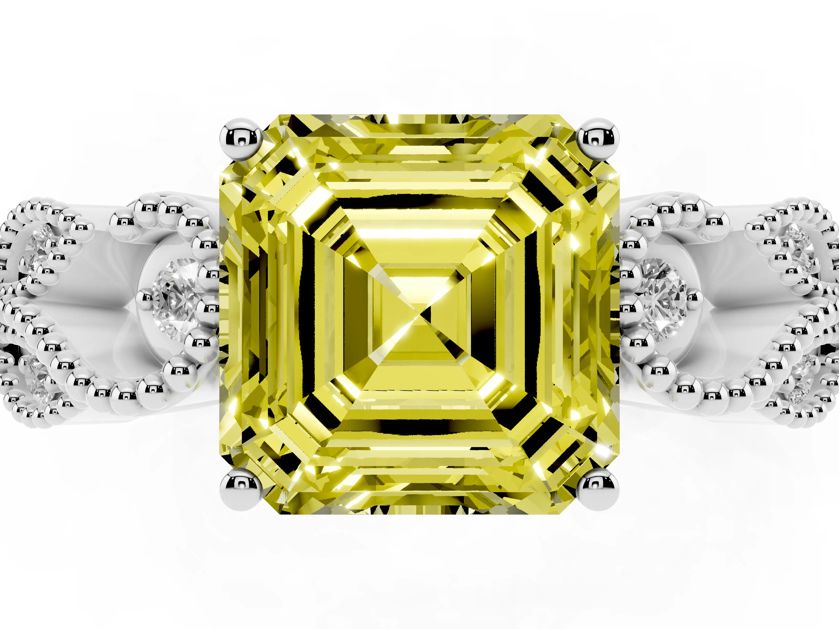 Fancy Yellow Asscher Cut Diamond Milgrain Leaf Band Solitaire Ring Set in White gold with Accent Stones and Prong Setting