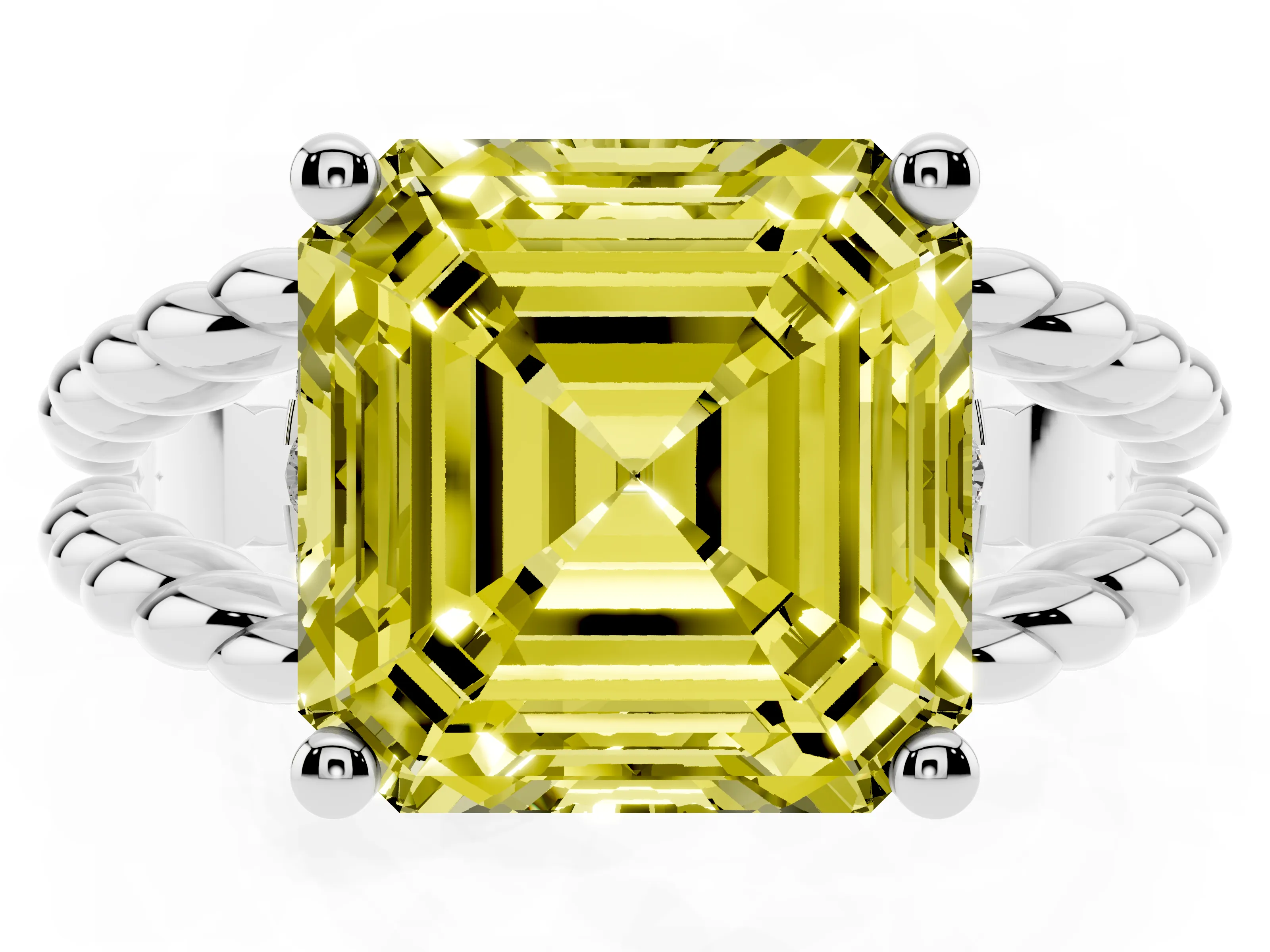 Fancy Yellow Asscher Cut Diamond Halo Ring Set in White gold with Twisted Band and Prong Setting