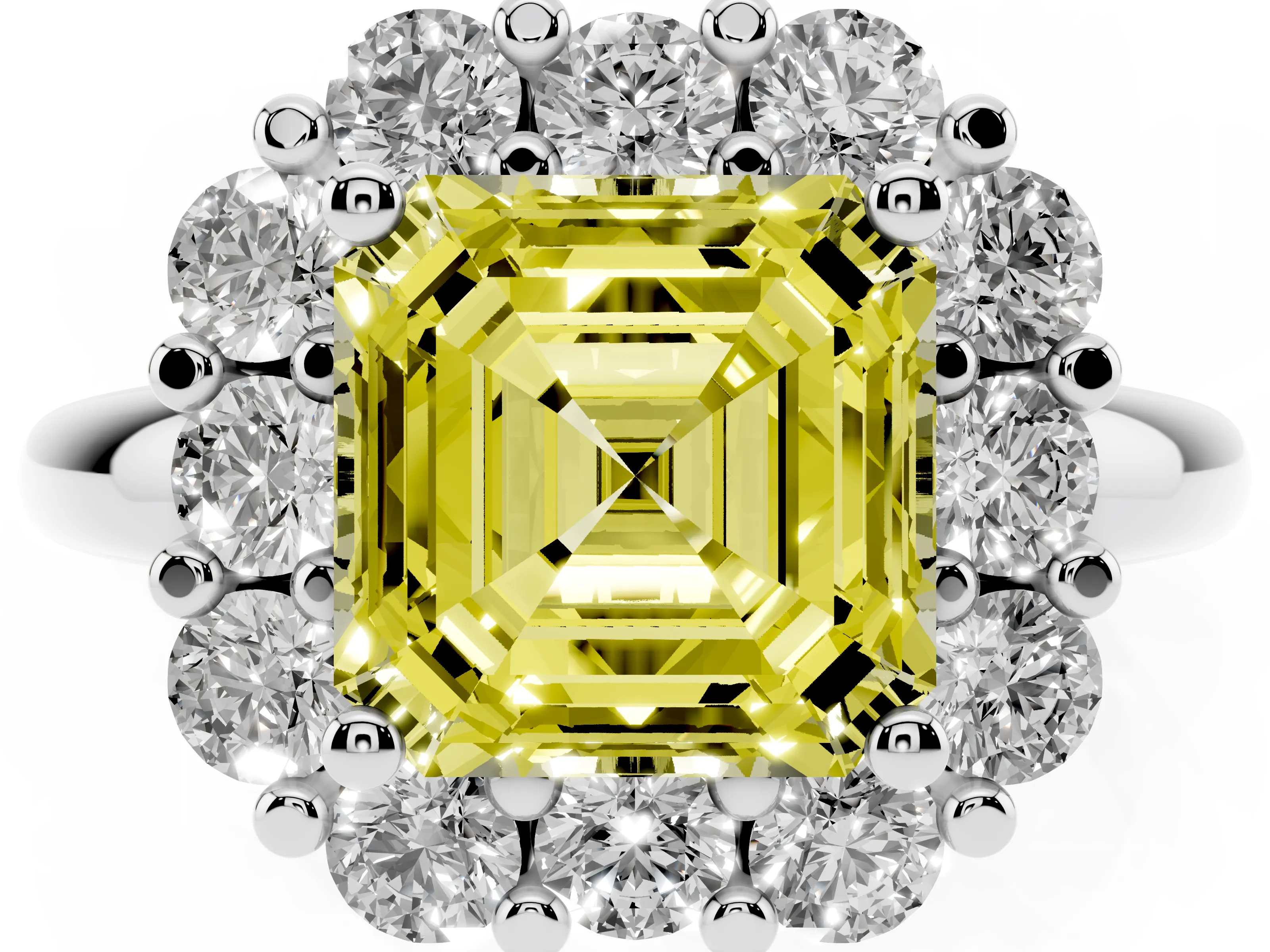 Fancy Yellow Asscher Cut Diamond Halo Cluster Engagement Ring Set in White gold with Polished Band and Prong Setting