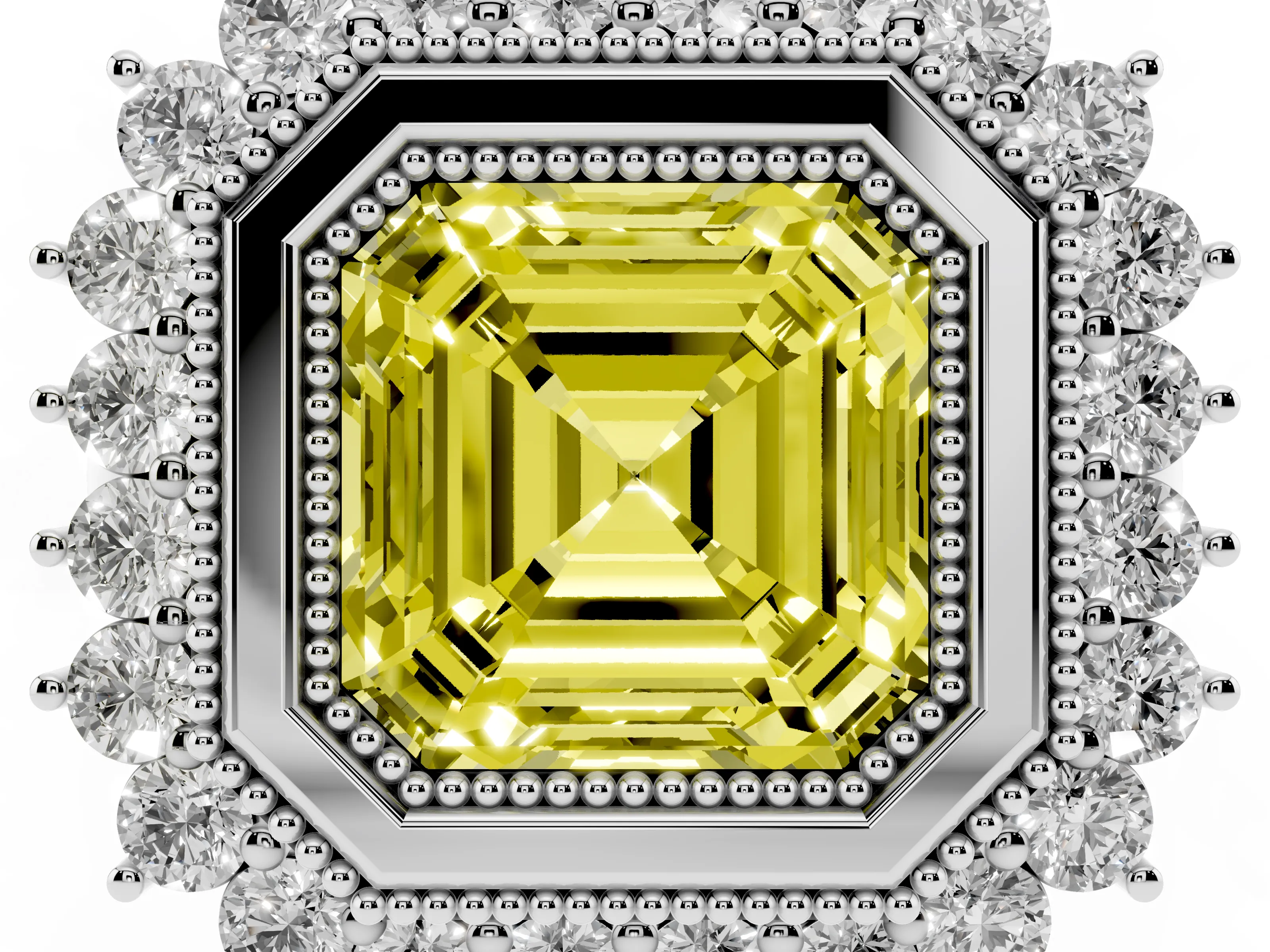 Fancy Yellow Asscher Cut Diamond Halo Ring Set in Silver with Milgrain Edge and Round Prong Setting