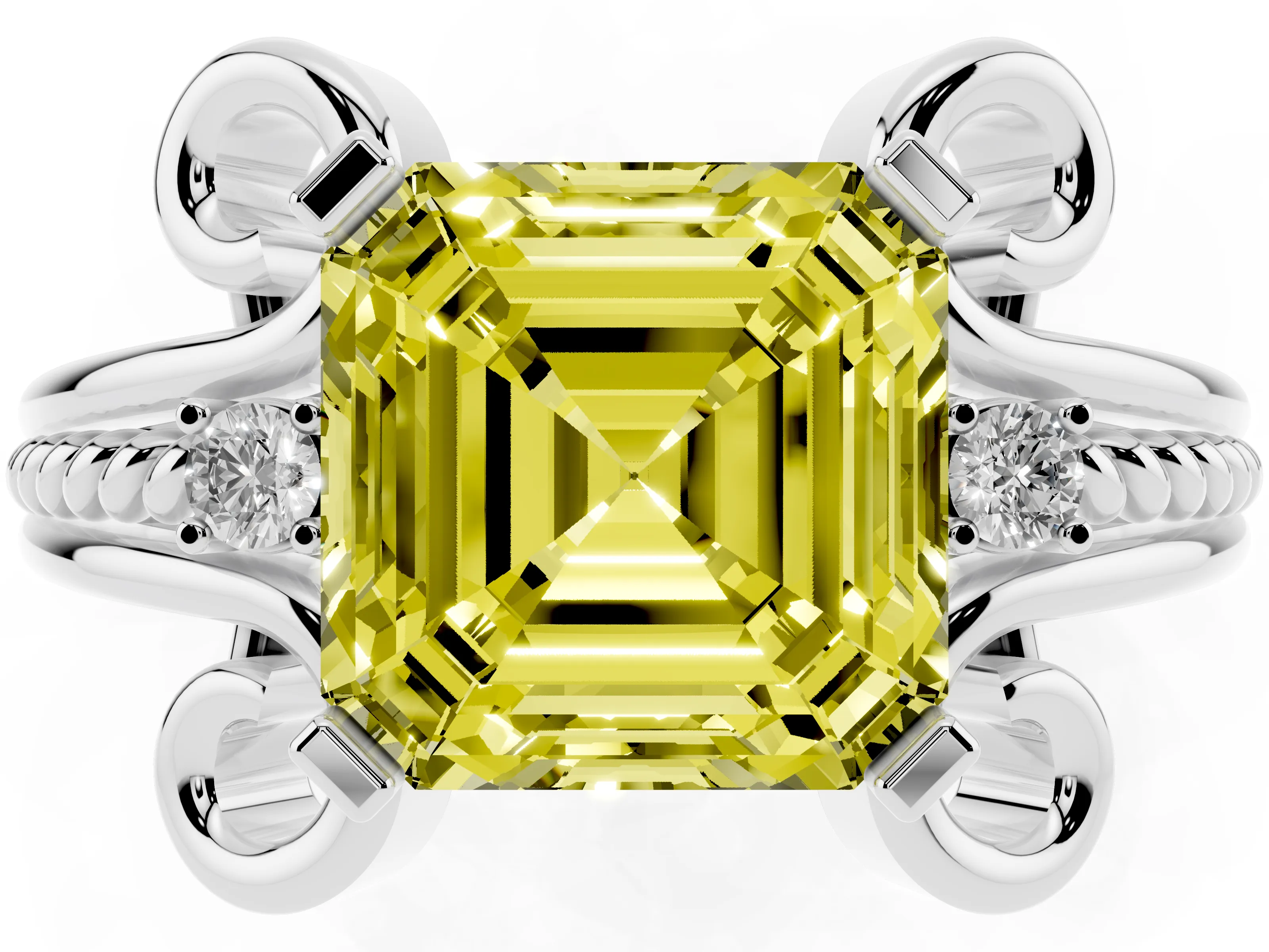 Fancy Yellow Asscher Cut Diamond Twisted Band Solitaire Ring Set in Platinum with Scroll Prongs
