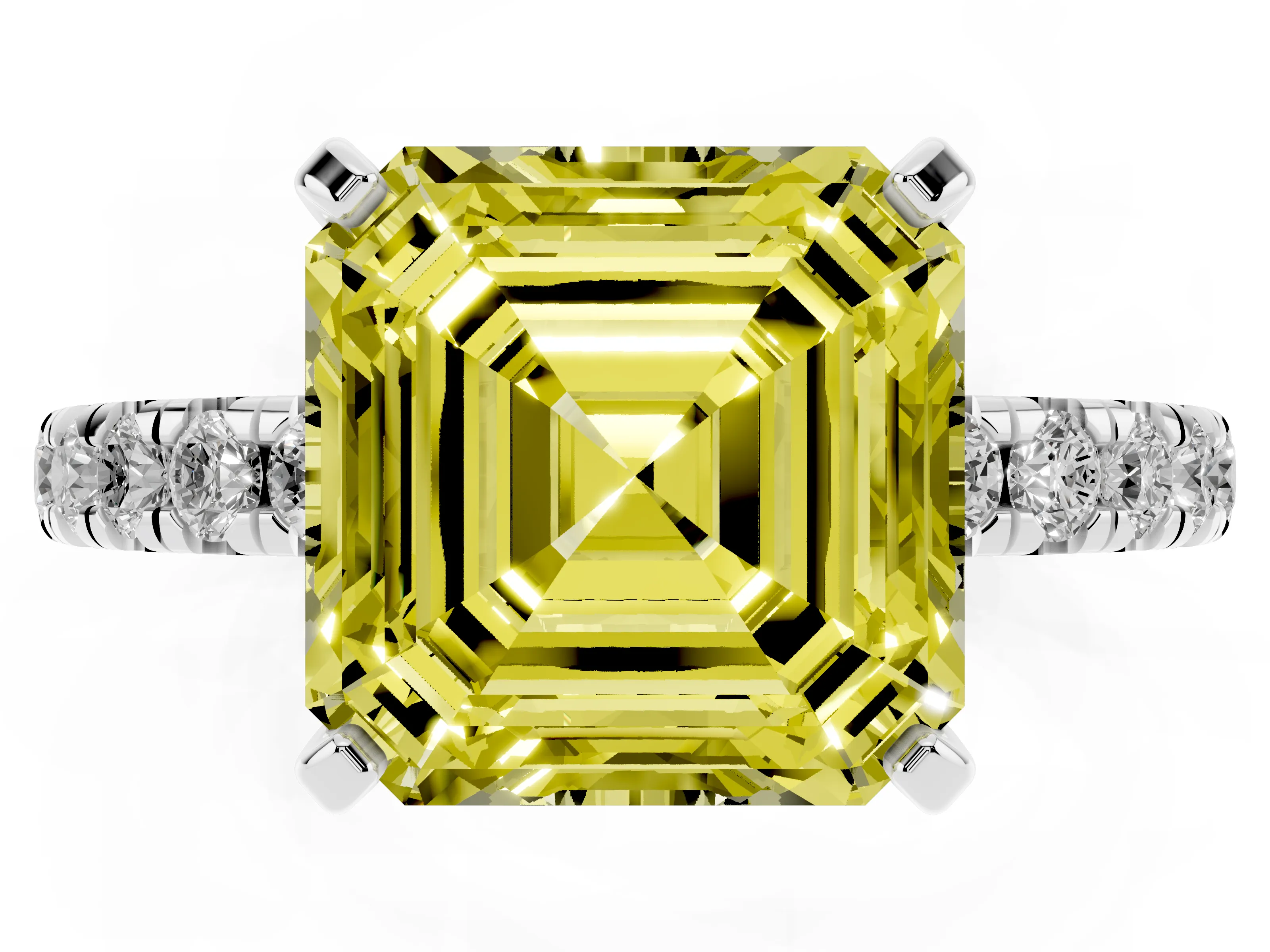 Fancy Yellow Asscher Cut Diamond Pavé Solitaire Ring Set in White gold with Round Band and Prong Setting