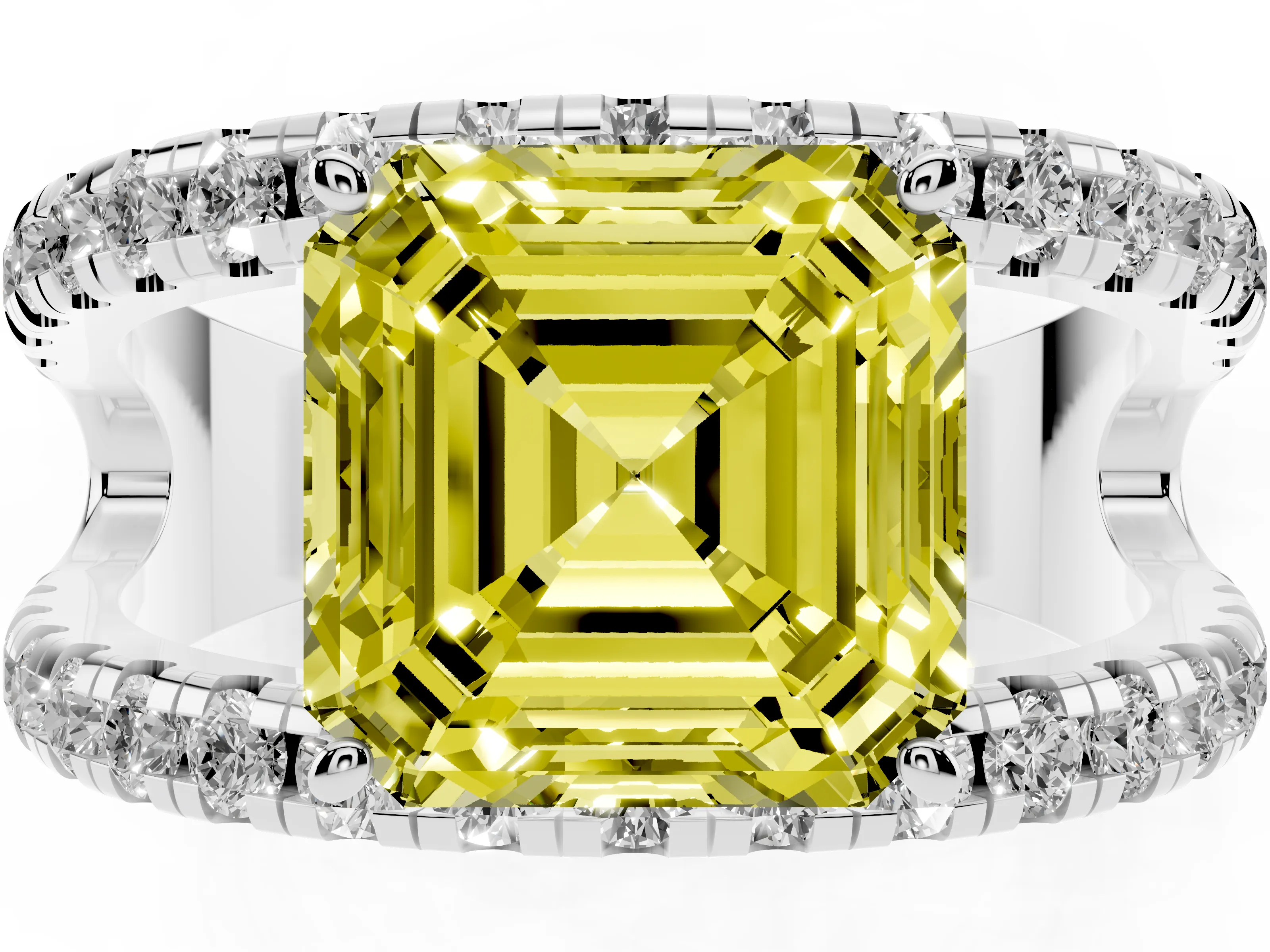Fancy Yellow Asscher Cut Diamond Split Shank Pavé Solitaire Ring Set in Platinum with Open Shank Design