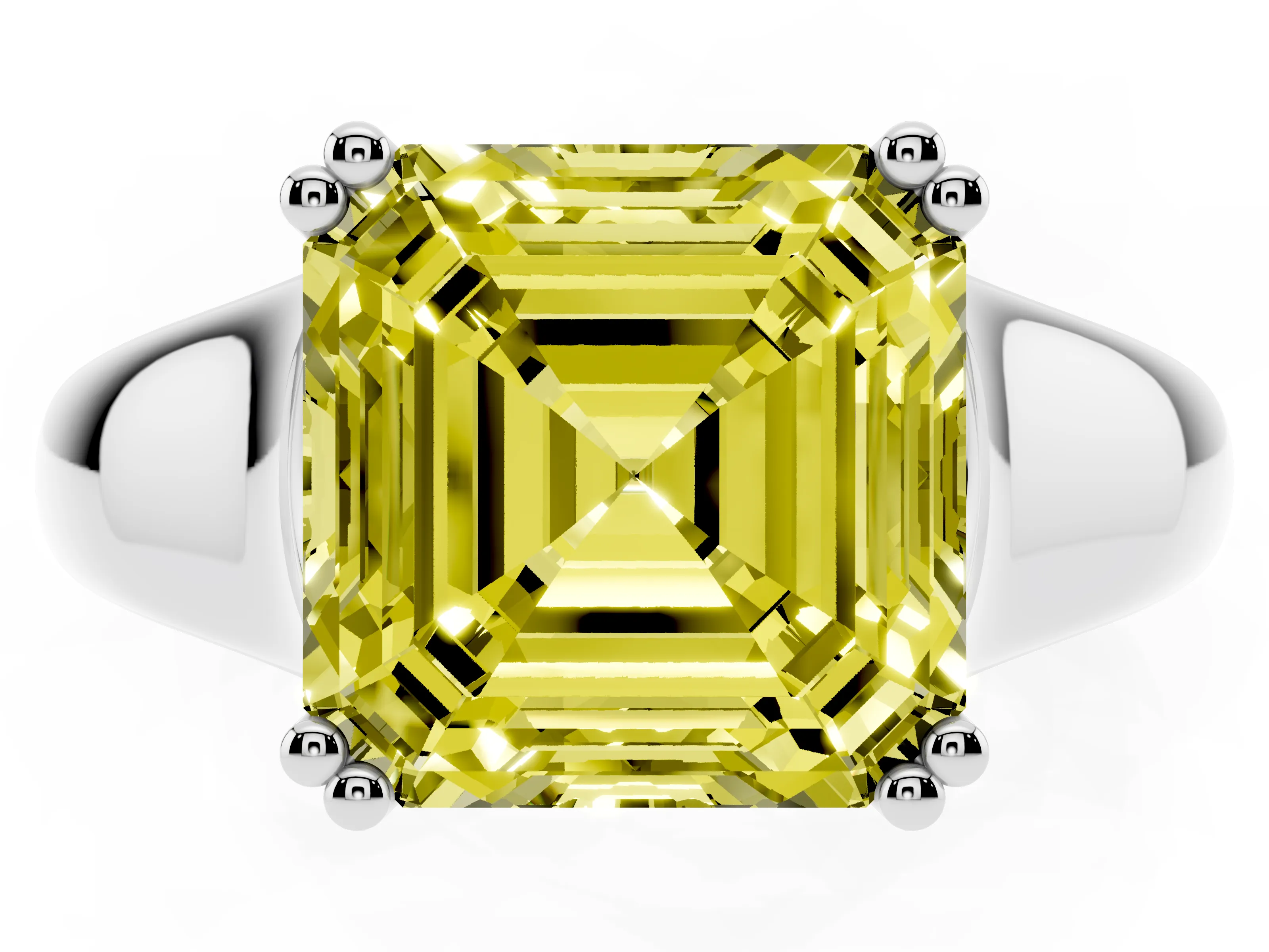 Fancy Yellow Asscher Cut Diamond Solitaire Ring Set in Platinum with Wide Band and Prong Setting