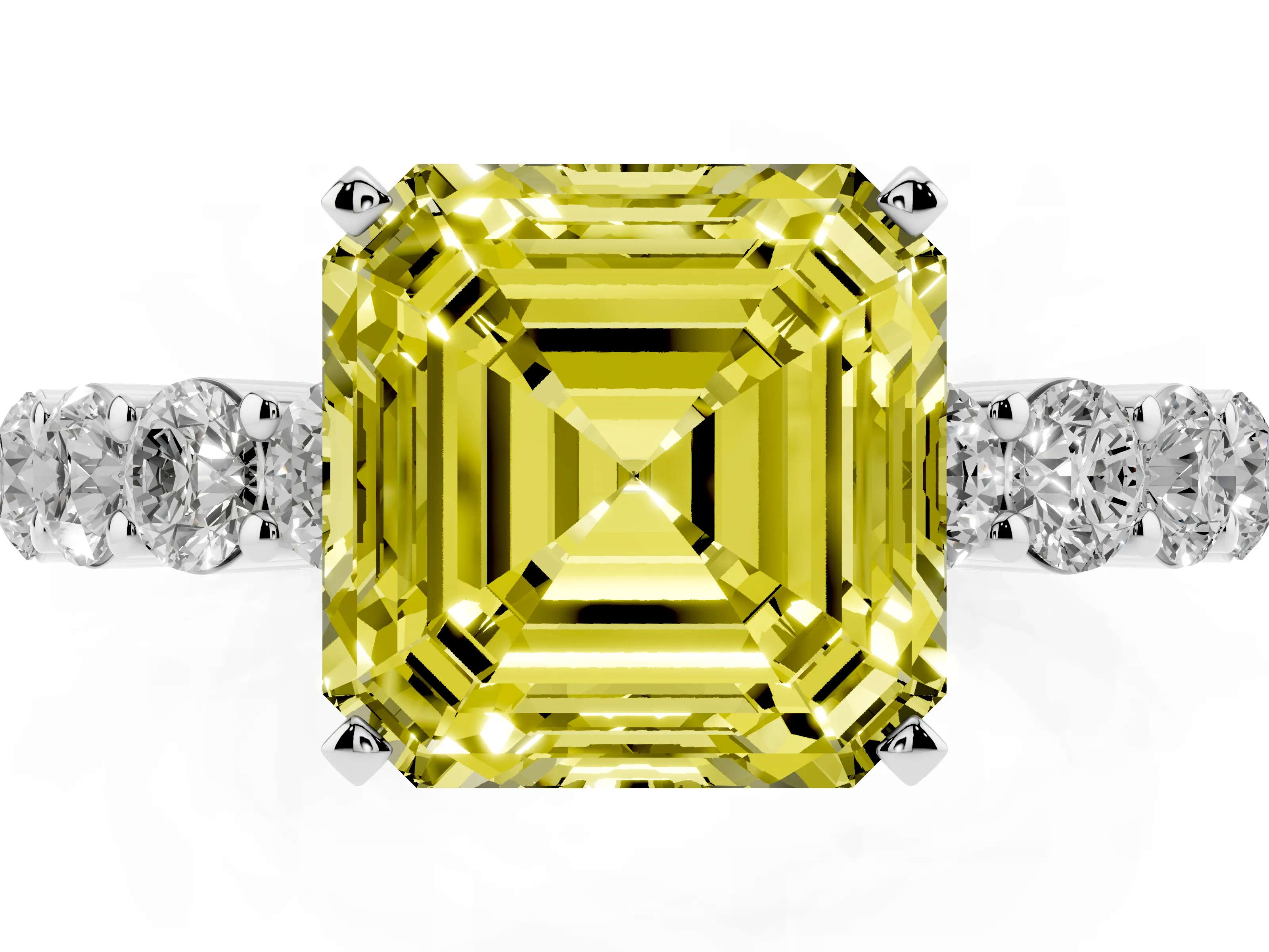 Fancy Yellow Asscher Cut Diamond Solitaire Ring Set in White gold with Shared Prong Round Side Stones