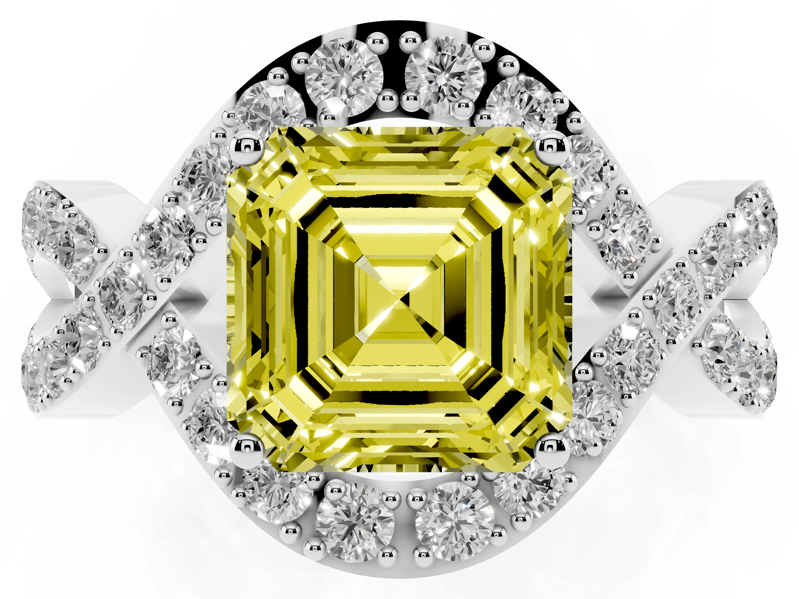 Fancy Yellow Asscher Cut Diamond Solitaire Twist Band Pavé Engagement Ring Set in Silver