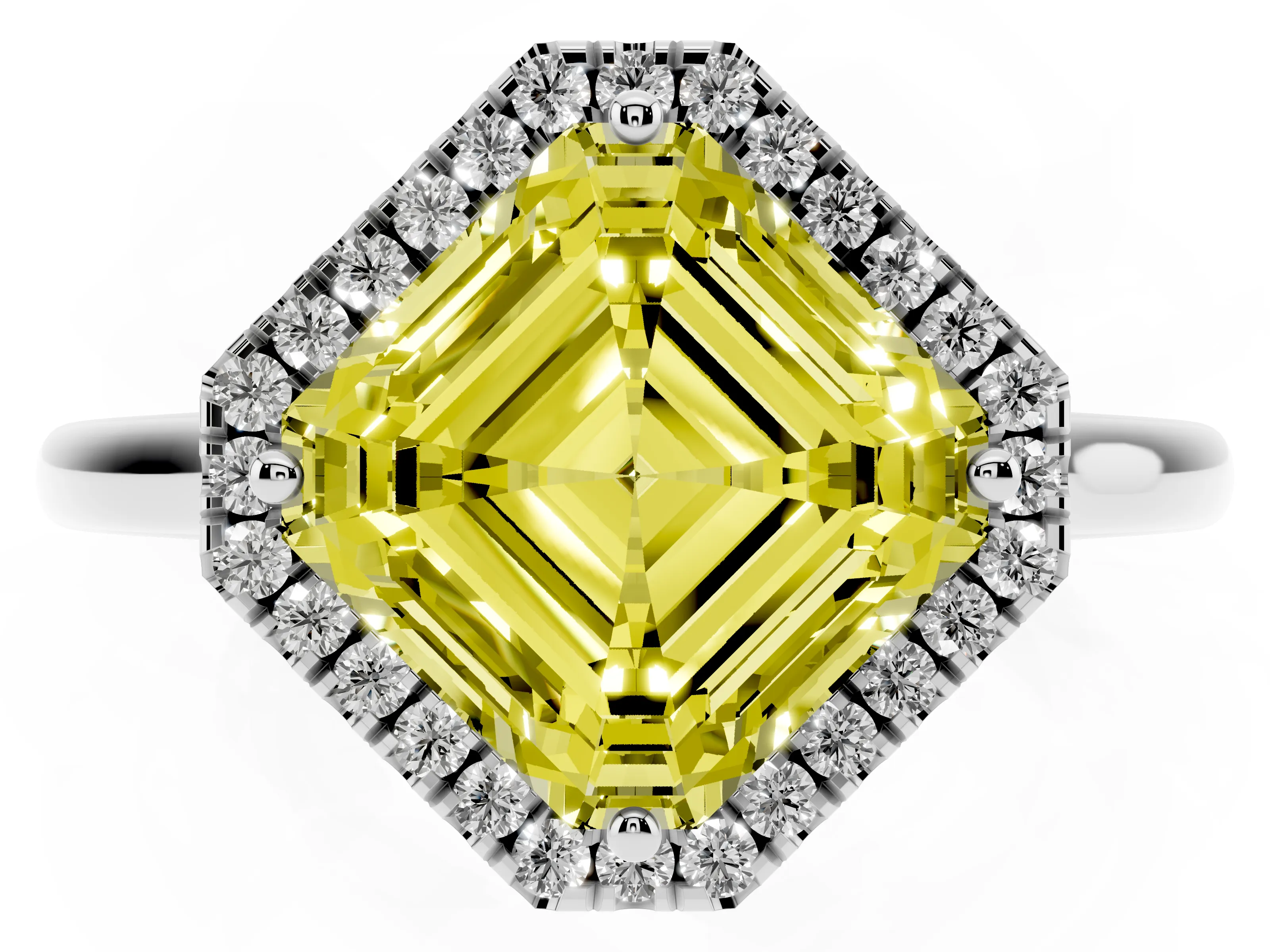 Fancy Yellow Asscher Cut Diamond Halo Engagement Ring Set in White gold with Pavé Band and Rising Shoulders