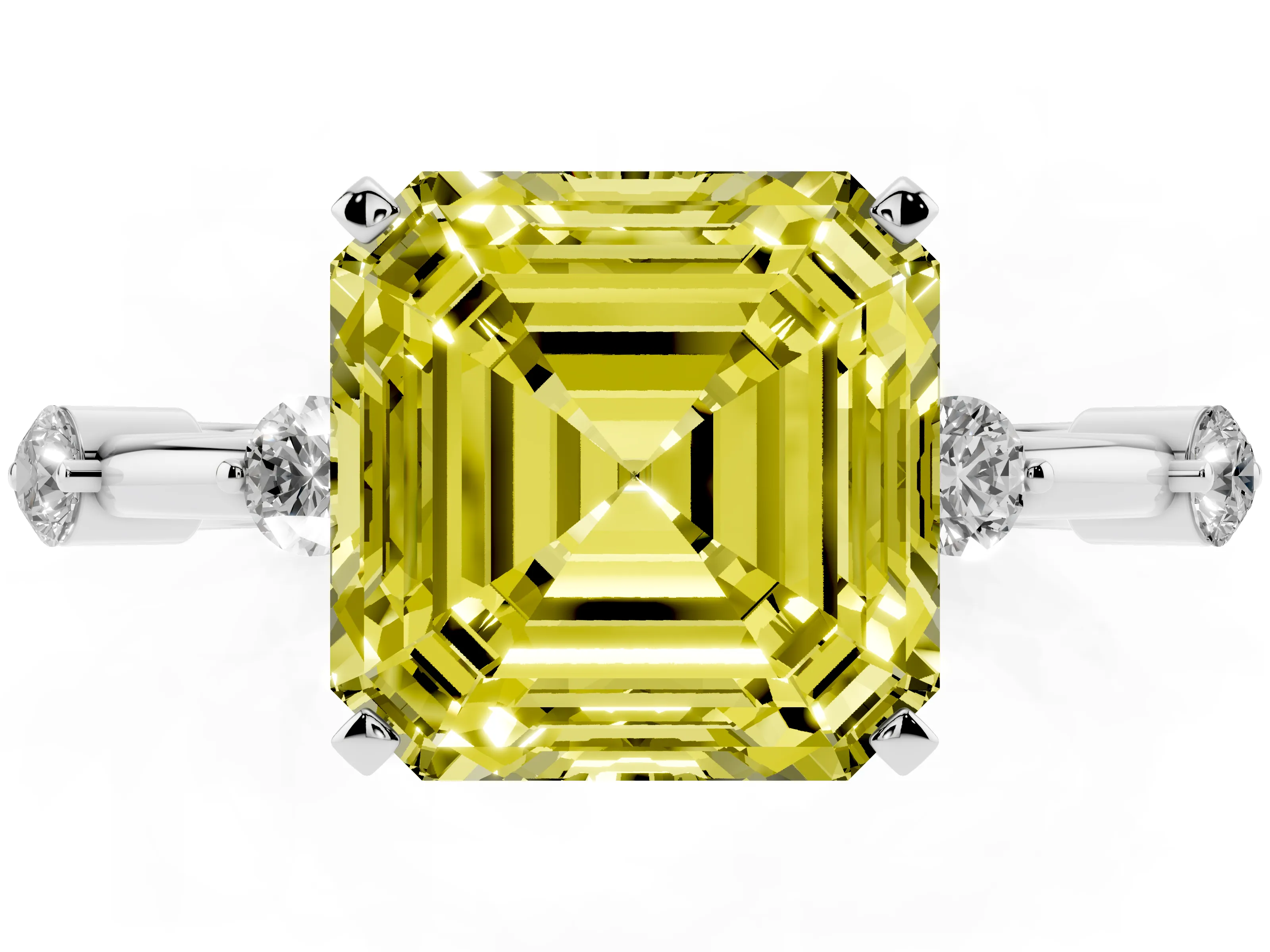 Fancy Yellow Asscher Cut Diamond Solitaire Ring Set in Silver with Bezel Set Side Stones and Prong Setting