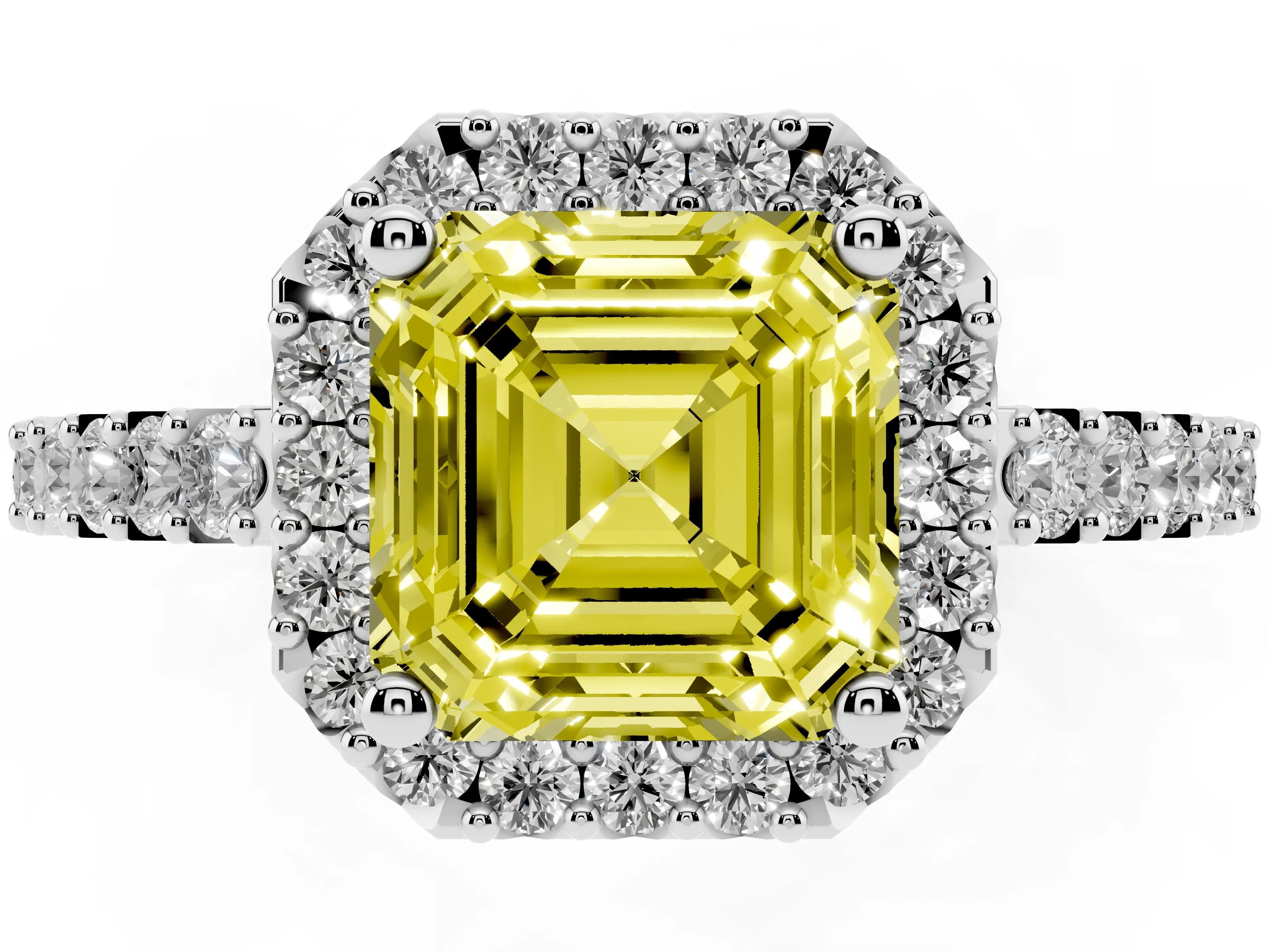 Fancy Yellow Asscher Cut Diamond Halo Pavé Solitaire Ring Set in Platinum with Prong-Set Center Stone
