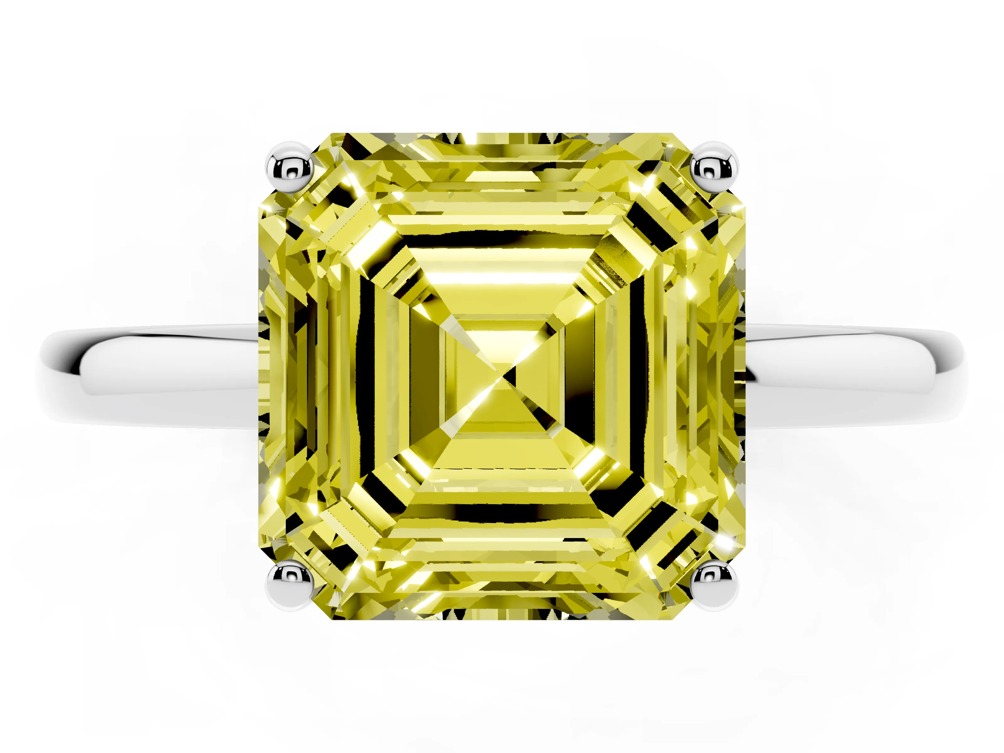 Fancy Yellow Asscher Cut Diamond Solitaire Ring Set in Platinum with Plain Band and Prong Setting