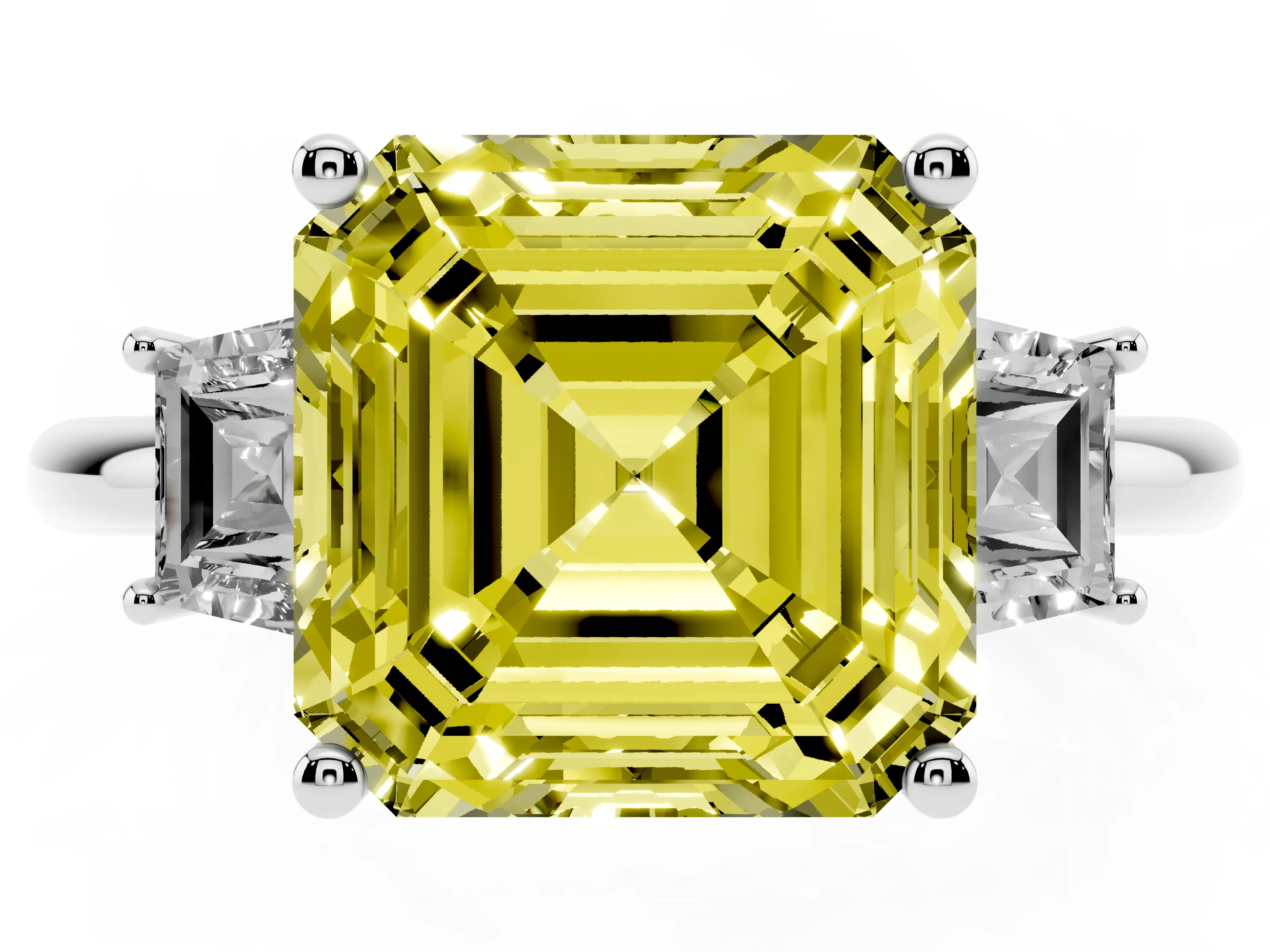 Fancy Yellow Asscher Cut Diamond Three-Stone Ring Set in Silver with Trapezoid Side Stones and Prong Setting