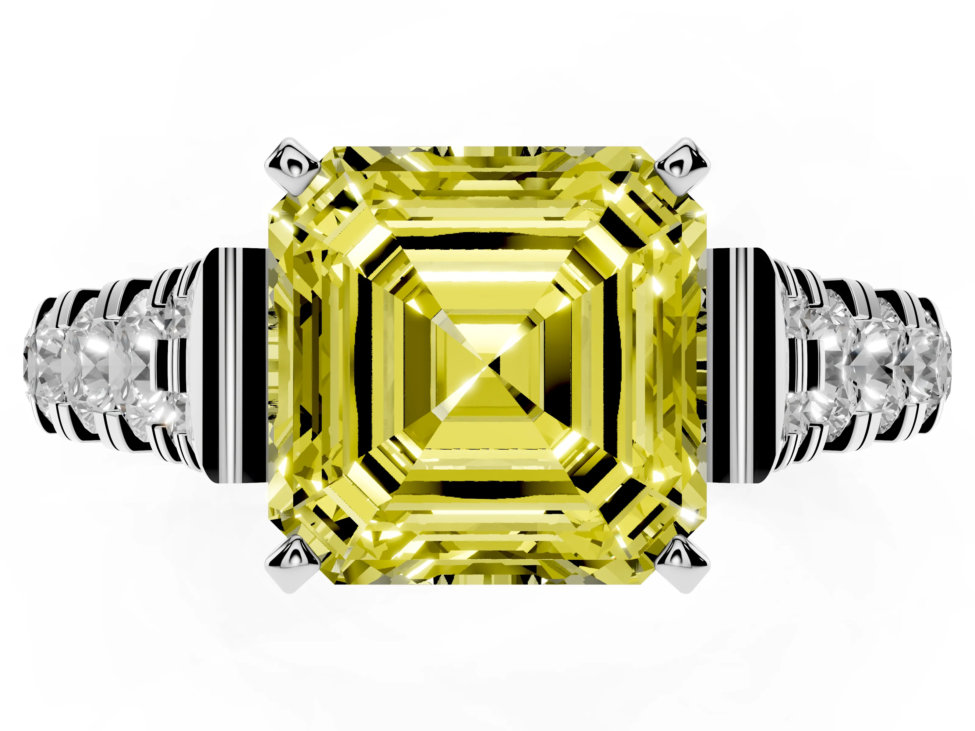 Fancy Yellow Asscher Cut Diamond Classic Solitaire Ring Set in White gold with Pavé Band and Prong Setting