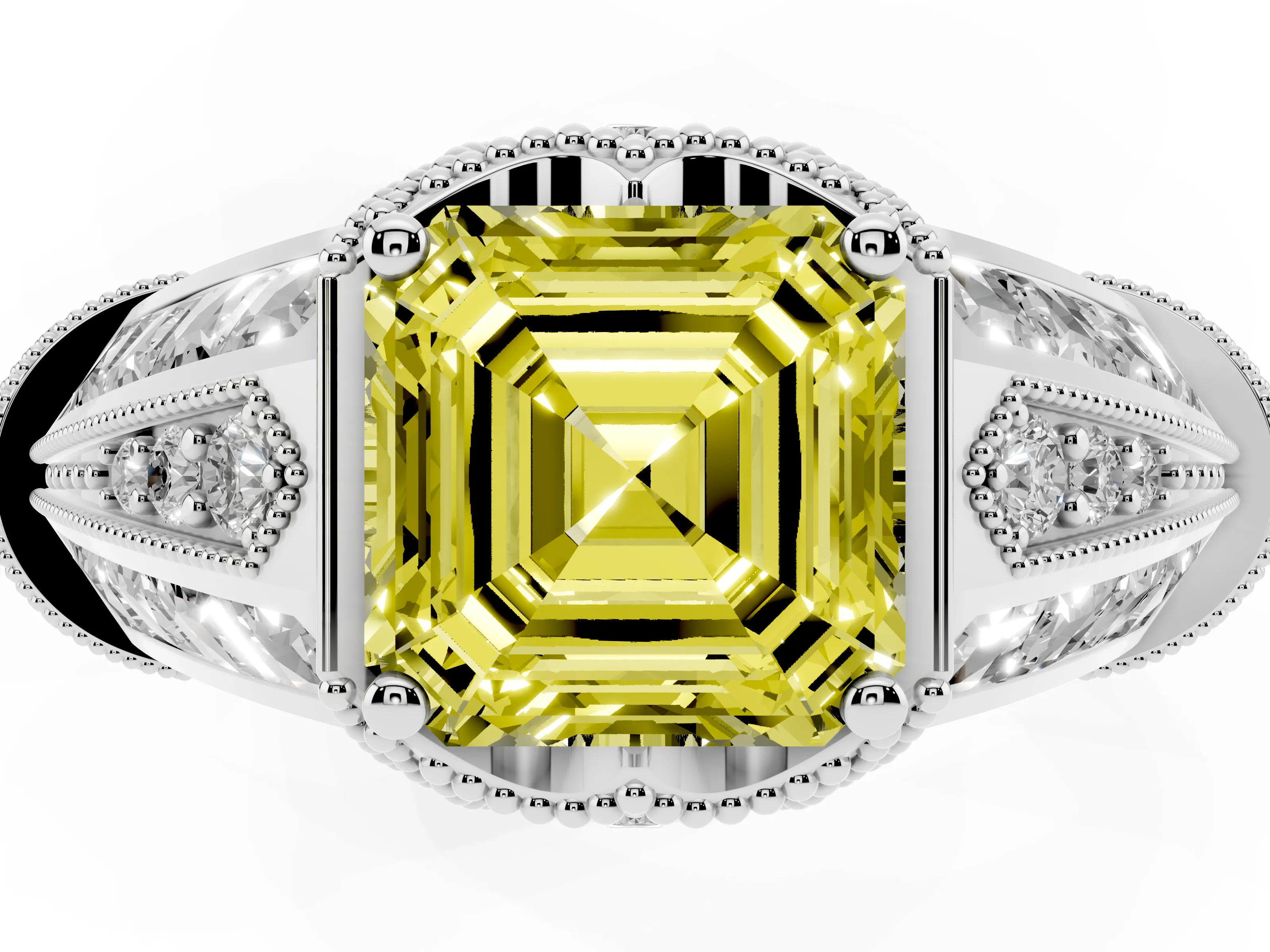 Fancy Yellow Asscher Cut Diamond Vintage-Inspired Milgrain Ring Set in Platinum with Accent Split Shank