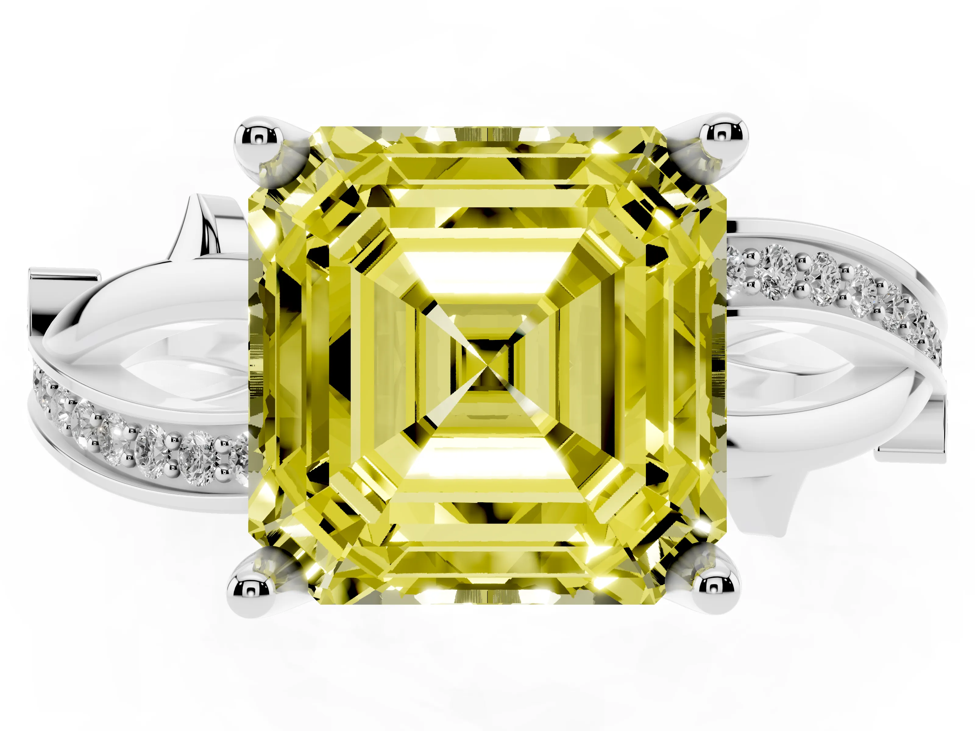 Fancy Yellow Asscher Cut Diamond Pavé Twist Band Solitaire Ring Set in White gold with Prong Setting