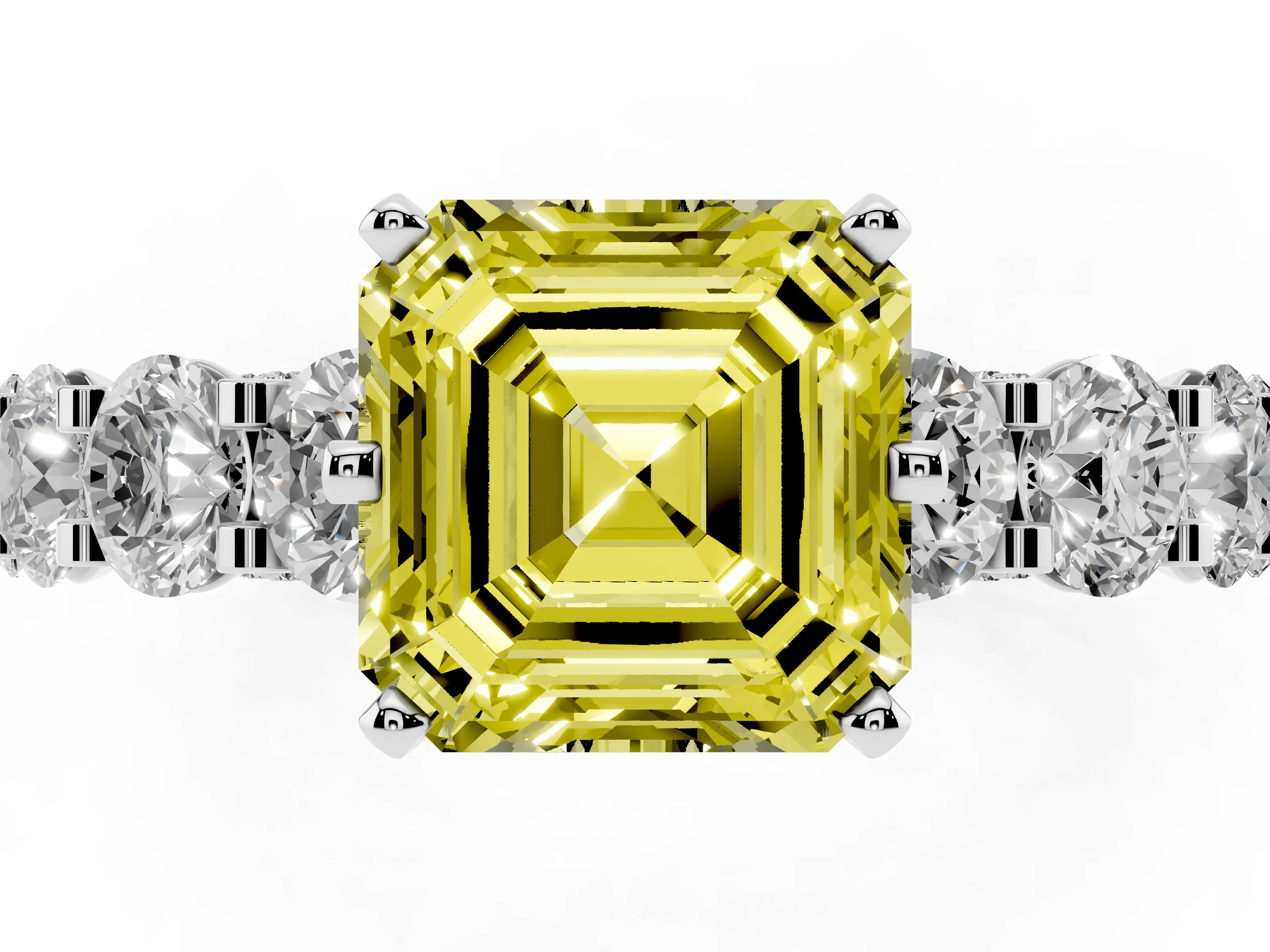 Fancy Yellow Asscher Cut Diamond Side Stone Ring Set in Platinum with Alternating Round and Oval Side Stones