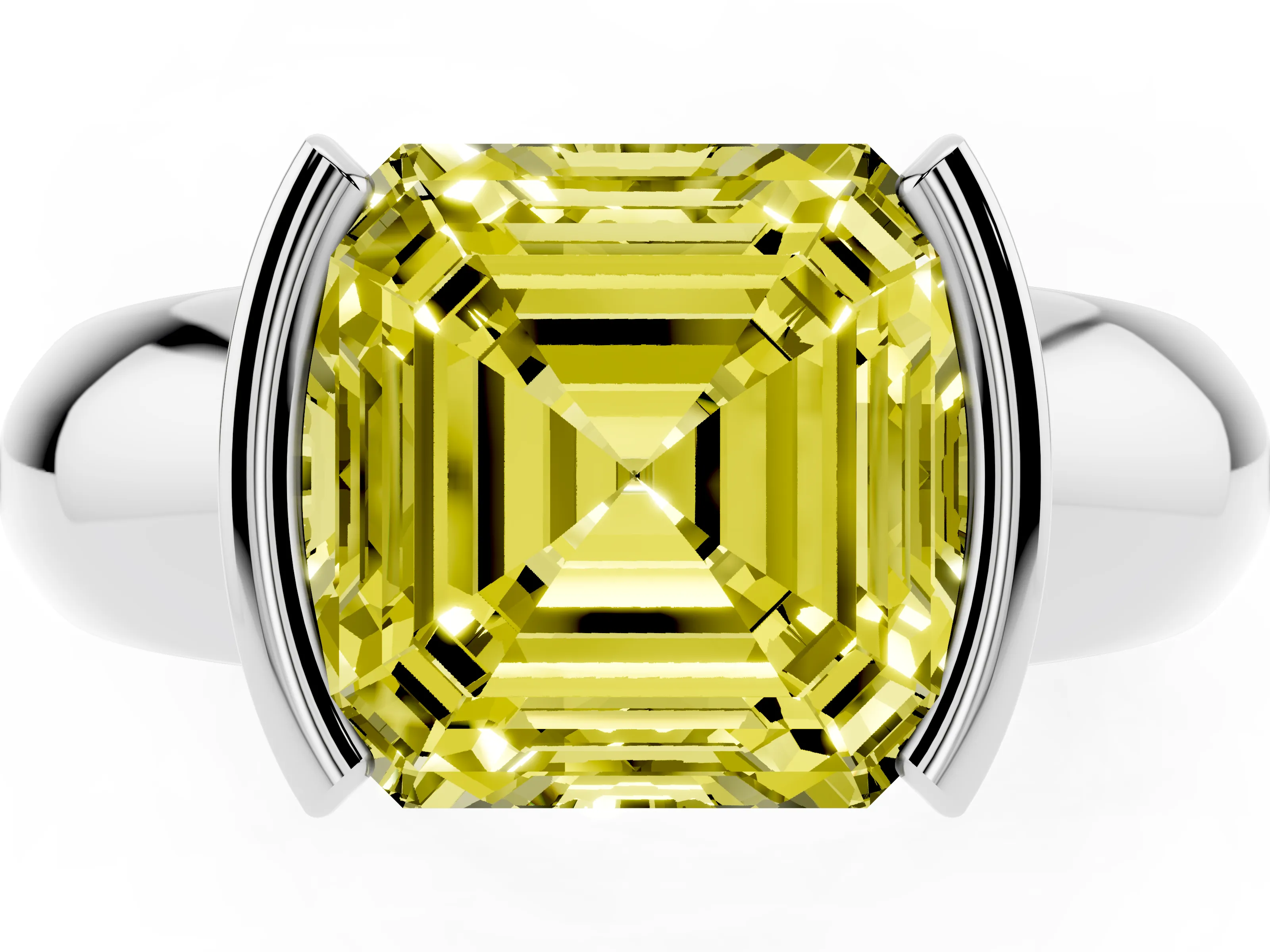 Fancy Yellow Asscher Cut Diamond Solitaire Tension Set Ring Set in Silver with Wide Band