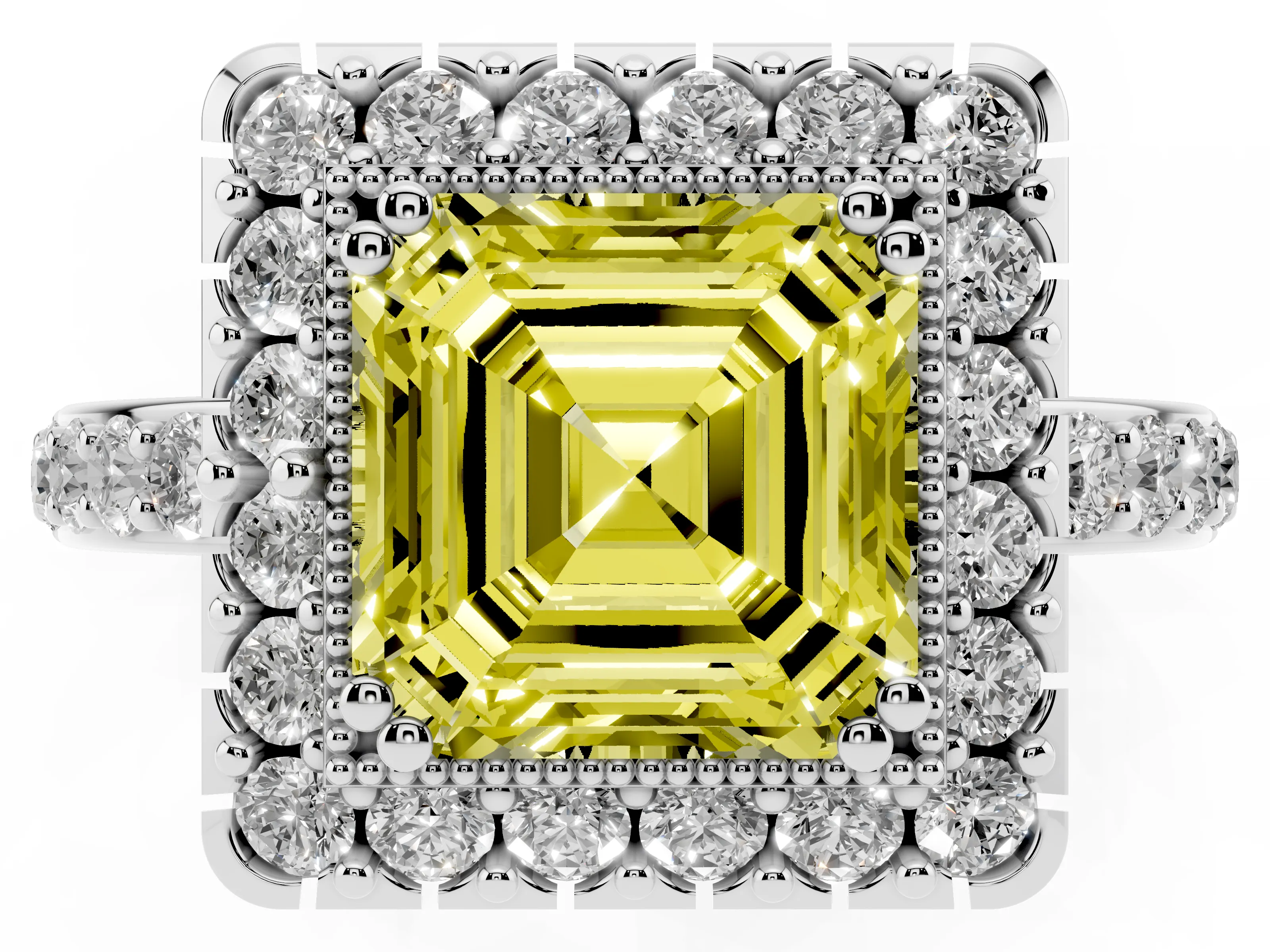 Fancy Yellow Asscher Cut Diamond Halo Ring Set in Silver with Pavé Shank and Prong Setting