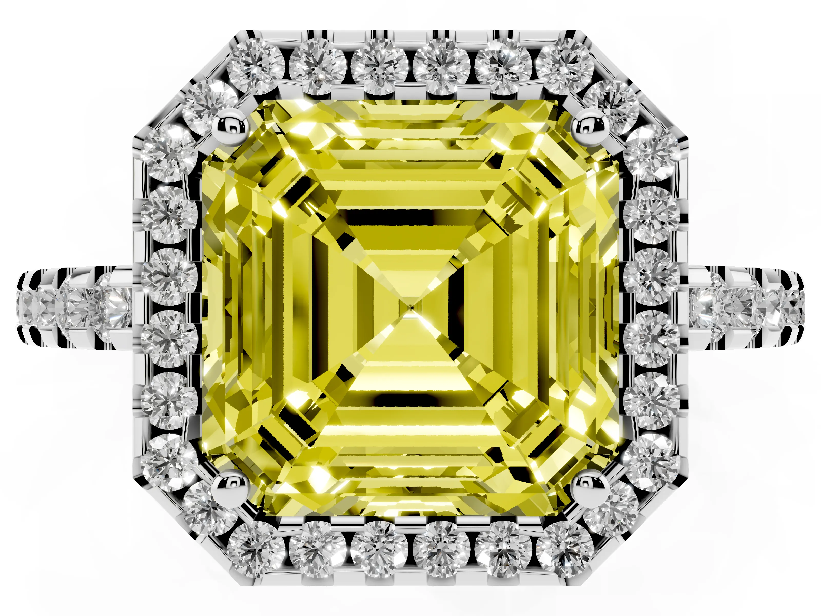Fancy Yellow Asscher Cut Diamond Halo Ring Set in Platinum with Pavé Shoulders and Halo-Framed Center