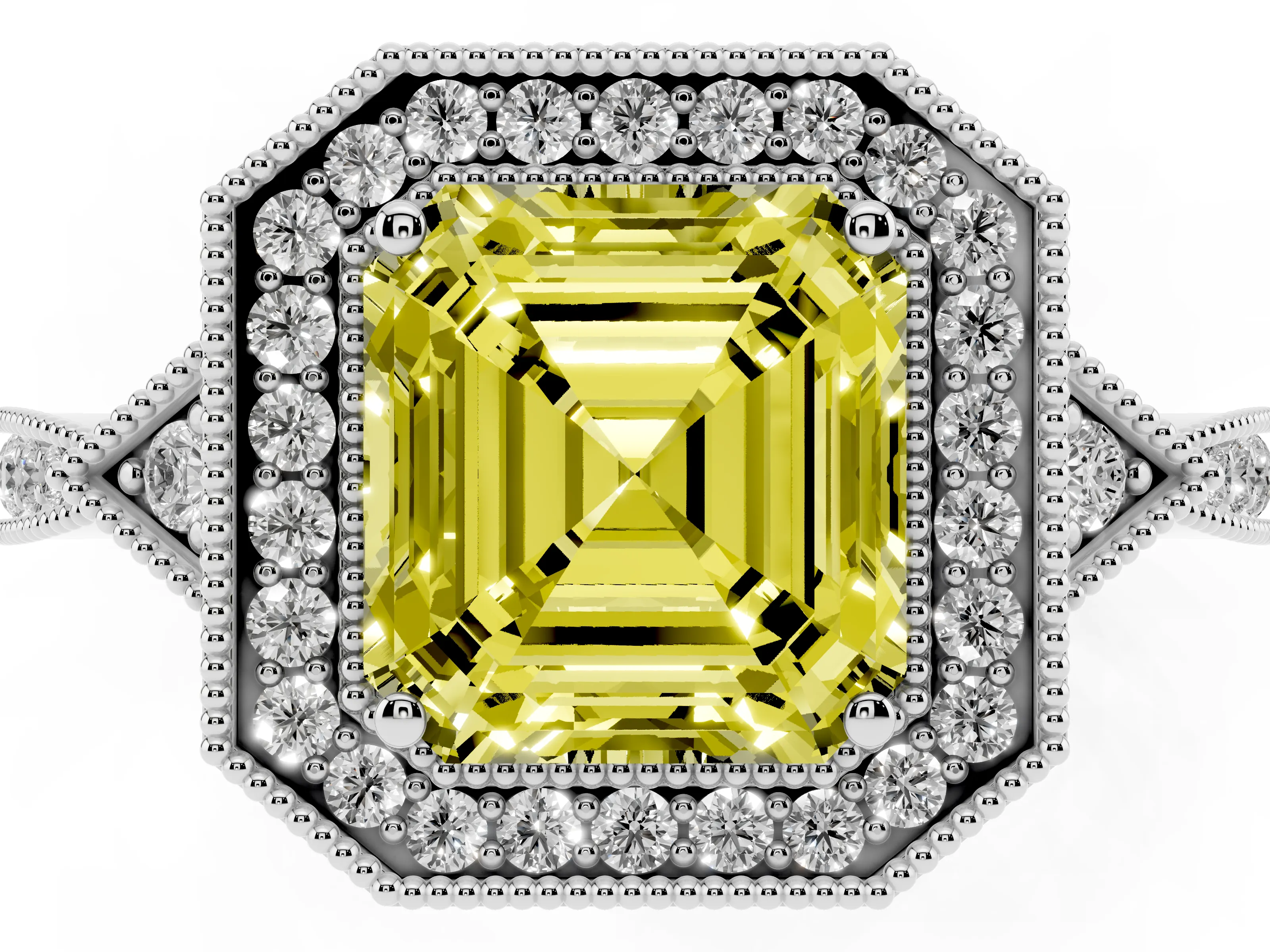 Fancy Yellow Asscher Cut Diamond Halo Engagement Ring Set in Silver with Milgrain Pavé Band