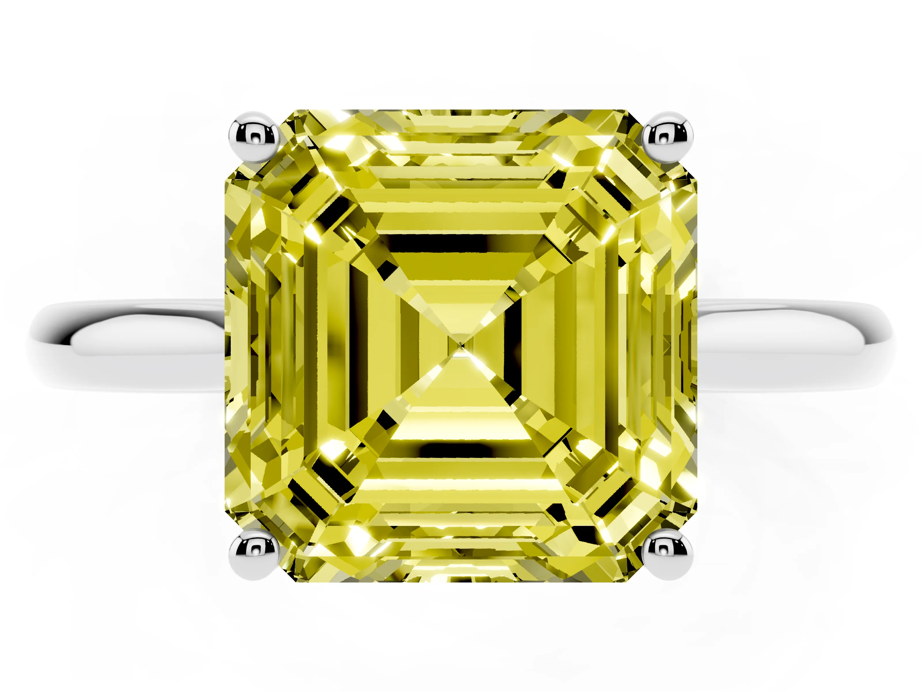Fancy Yellow Asscher Cut Diamond Solitaire Ring Set in Silver with Cathedral Band and Prong Setting