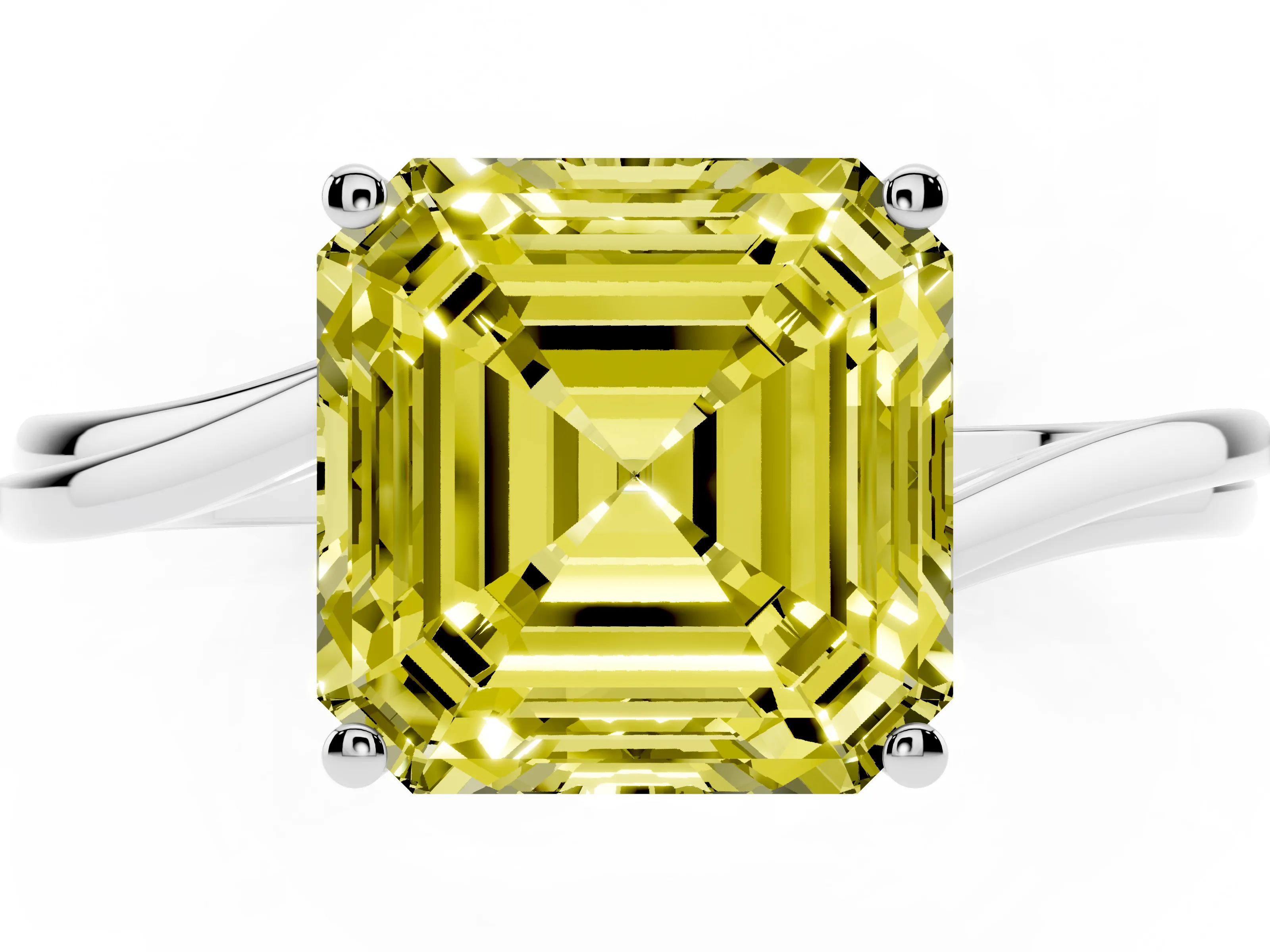 Fancy Yellow Asscher Cut Diamond Solitaire Twist Band Ring Set in Platinum with Prong Setting