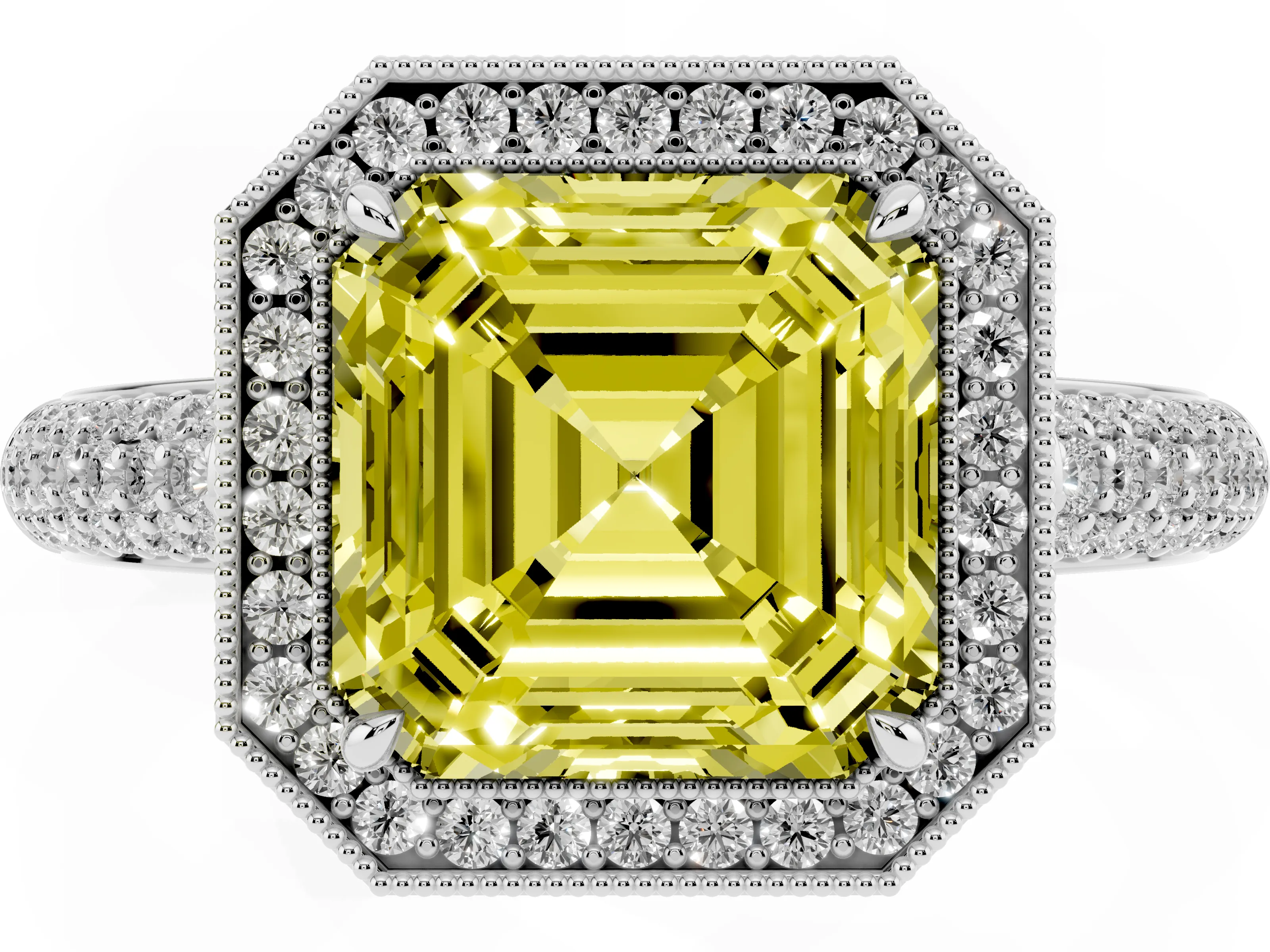 Fancy Yellow Asscher Cut Diamond Halo Pavé Band Set in White gold with Prong Setting