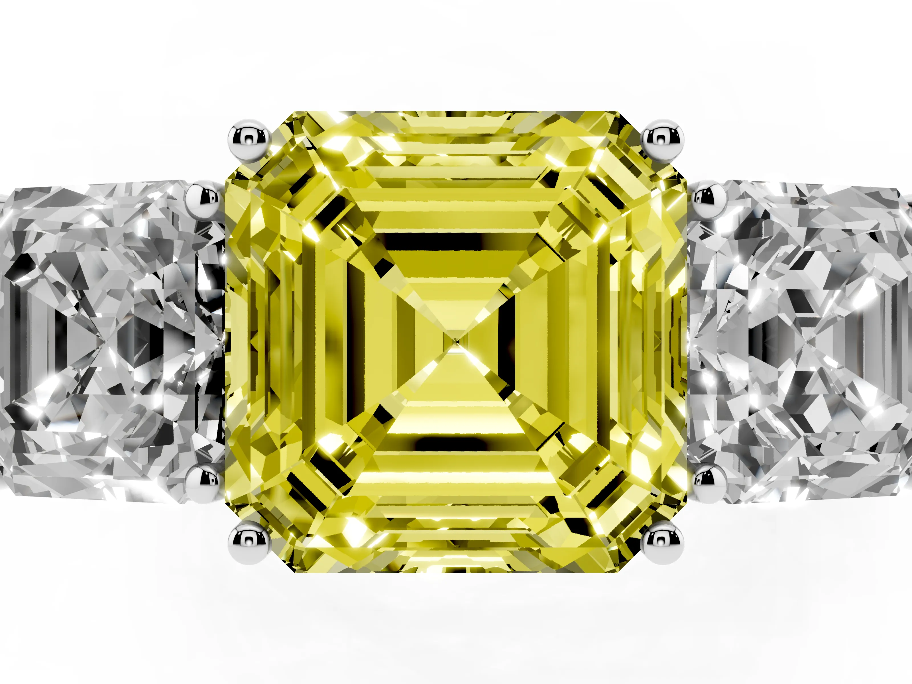 Fancy Yellow Asscher Cut Diamond Three-Stone Ring Set in White gold with Textured Band