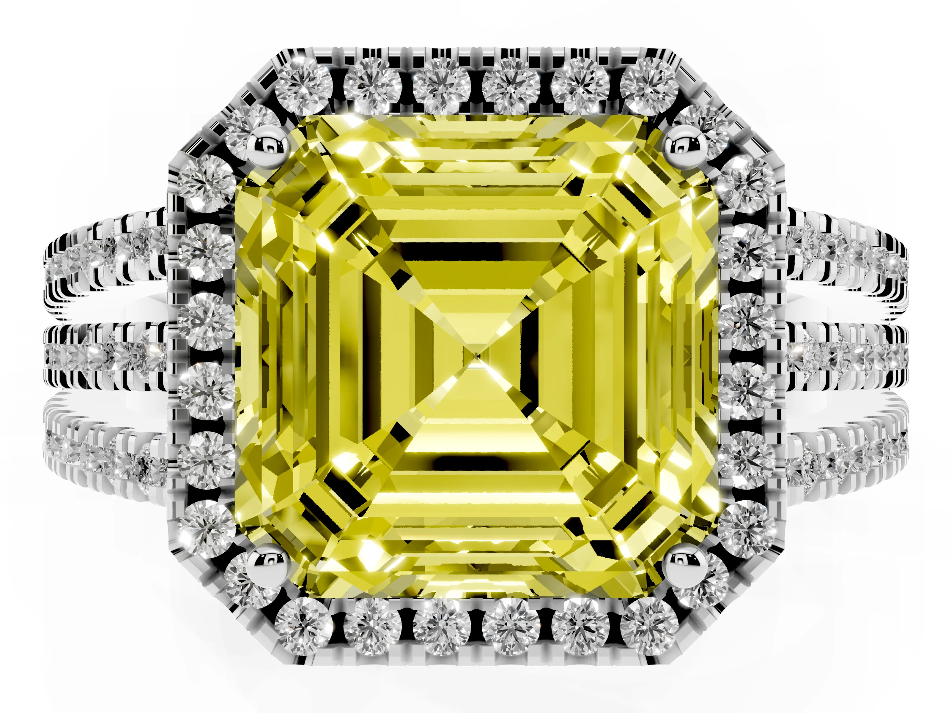 Fancy Yellow Asscher Cut Diamond Halo Split Shank Engagement Ring Set in Silver with Prong Setting