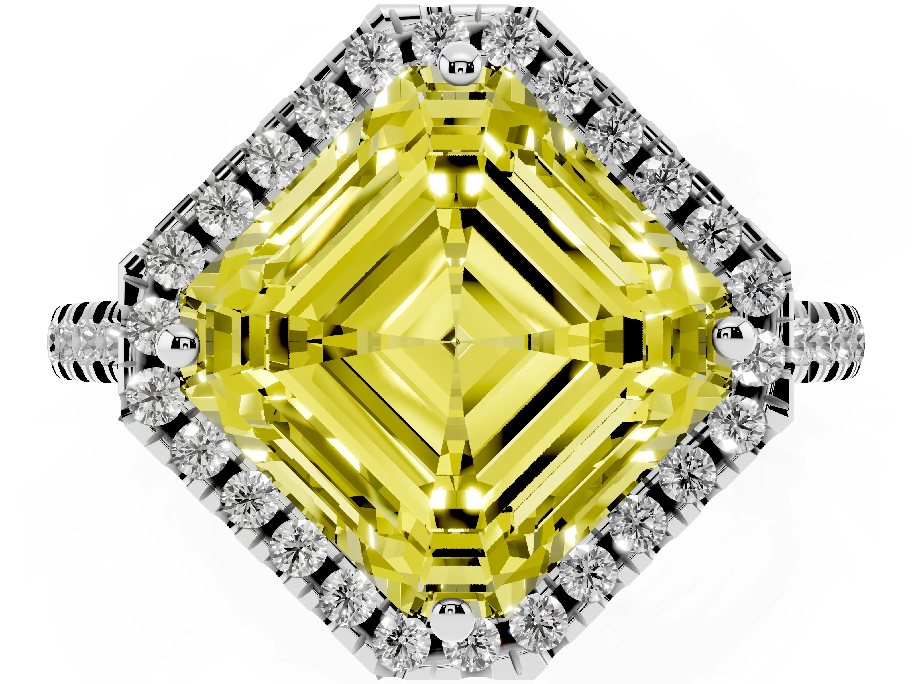 Fancy Yellow Asscher Cut Diamond Cushion Halo Ring Set in Platinum with Pavé Band