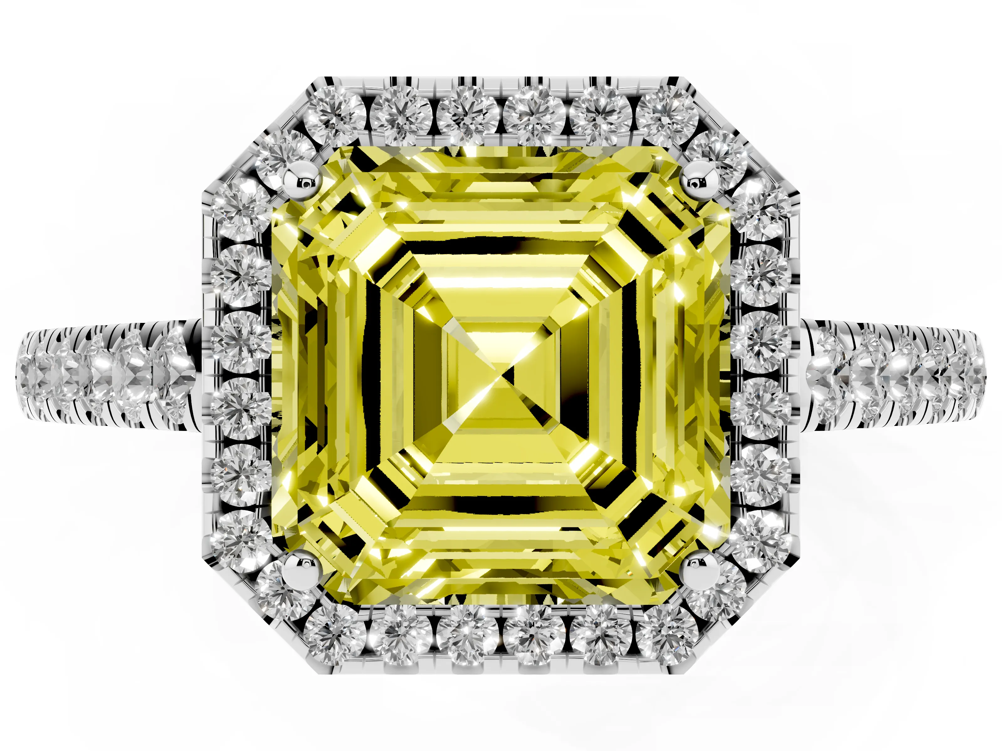 Fancy Yellow Asscher Cut Diamond Halo Pavé Engagement Ring Set in White gold with Prong Setting