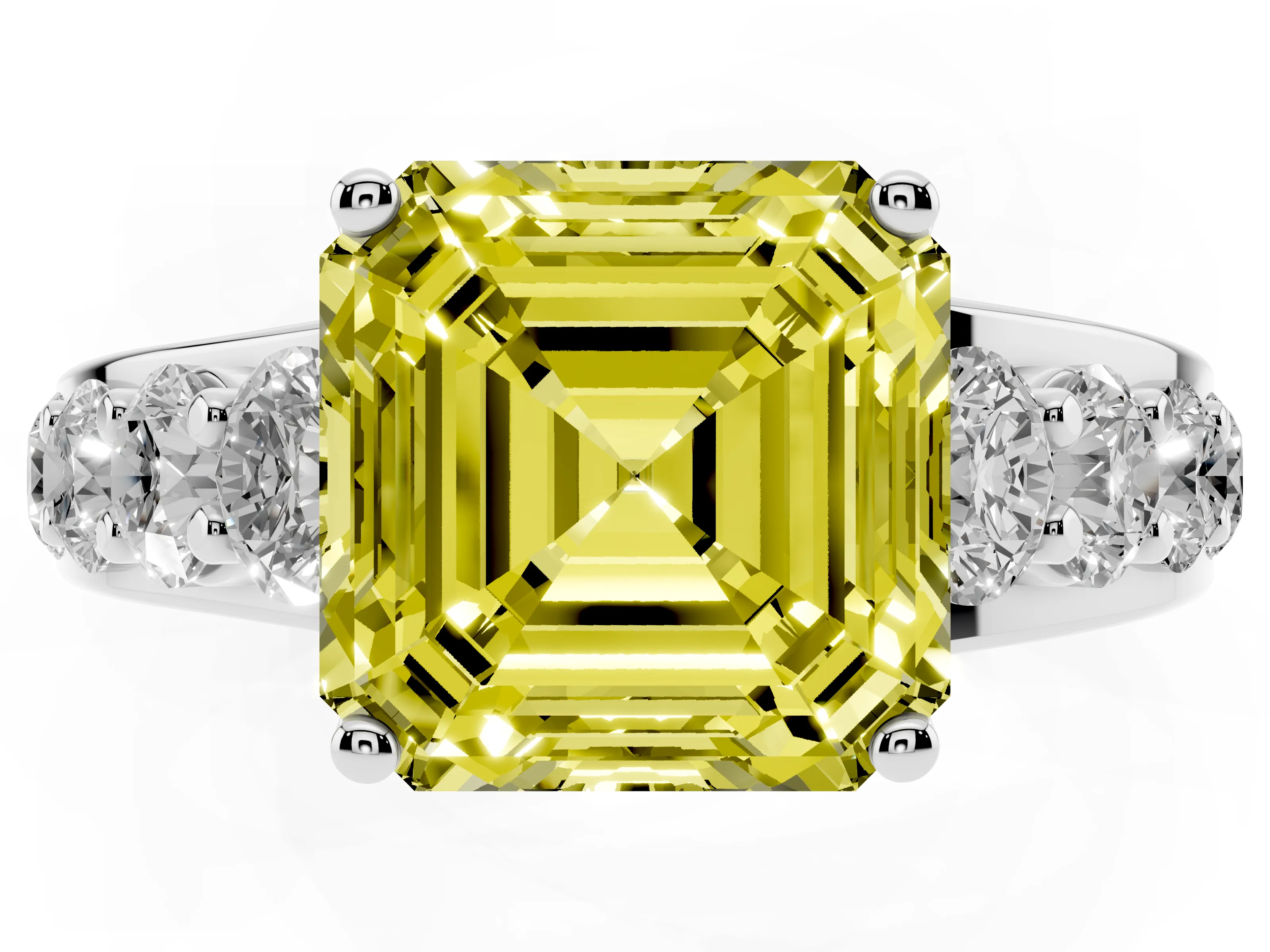 Fancy Yellow Asscher Cut Diamond Pavé Engagement Ring Set in Platinum with Prong Setting