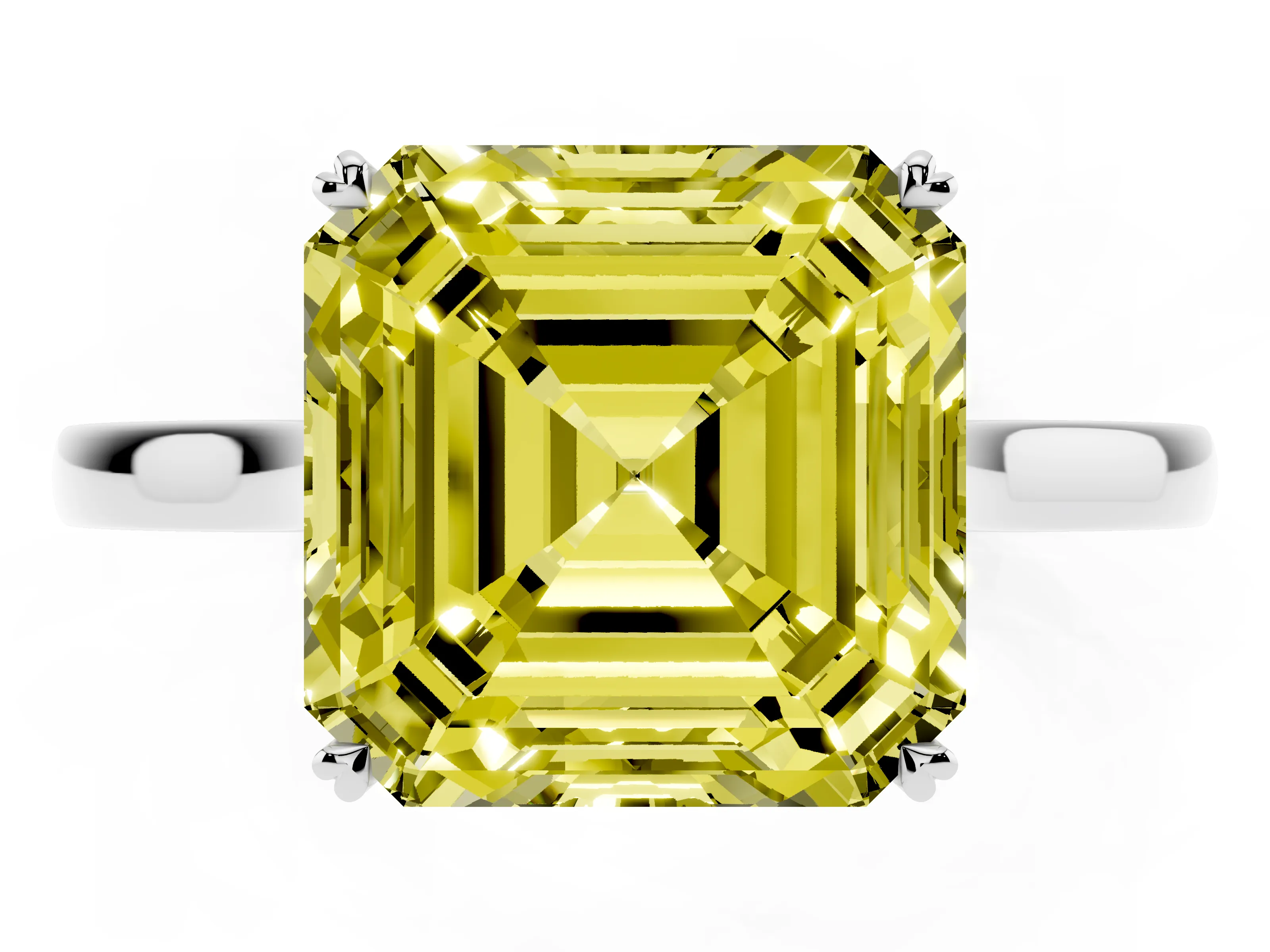 Fancy Yellow Asscher Cut Diamond Solitaire Heart Prong Engagement Ring Set in Platinum with Tapered Band