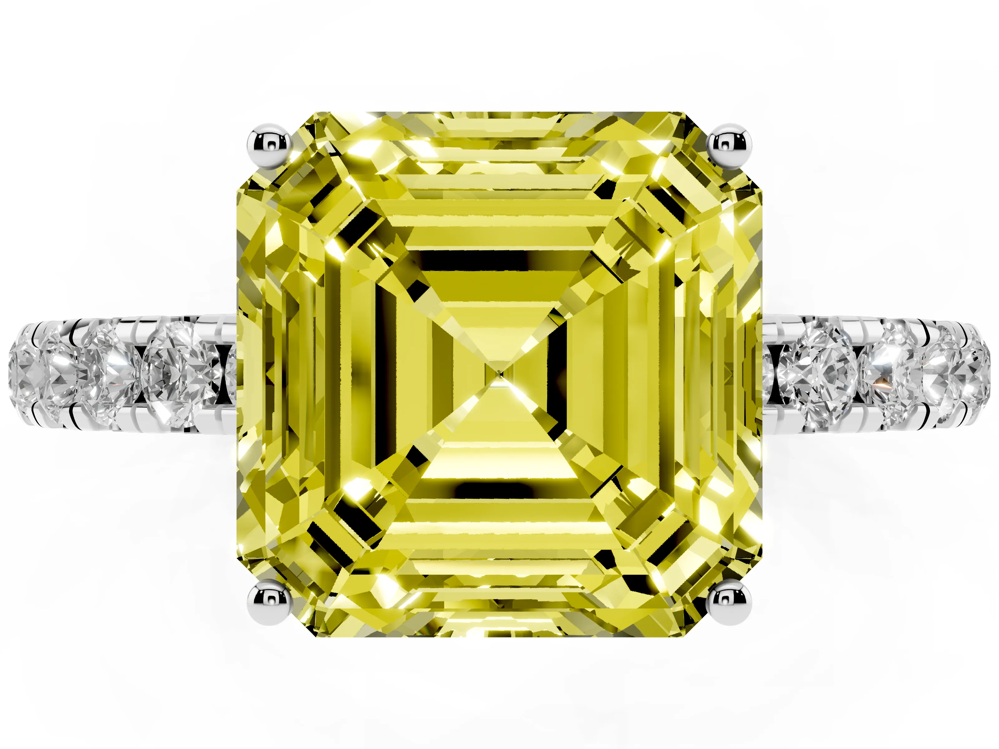 Fancy Yellow Asscher Cut Diamond Pavé Solitaire Engagement Ring Set in Platinum with Prong Setting