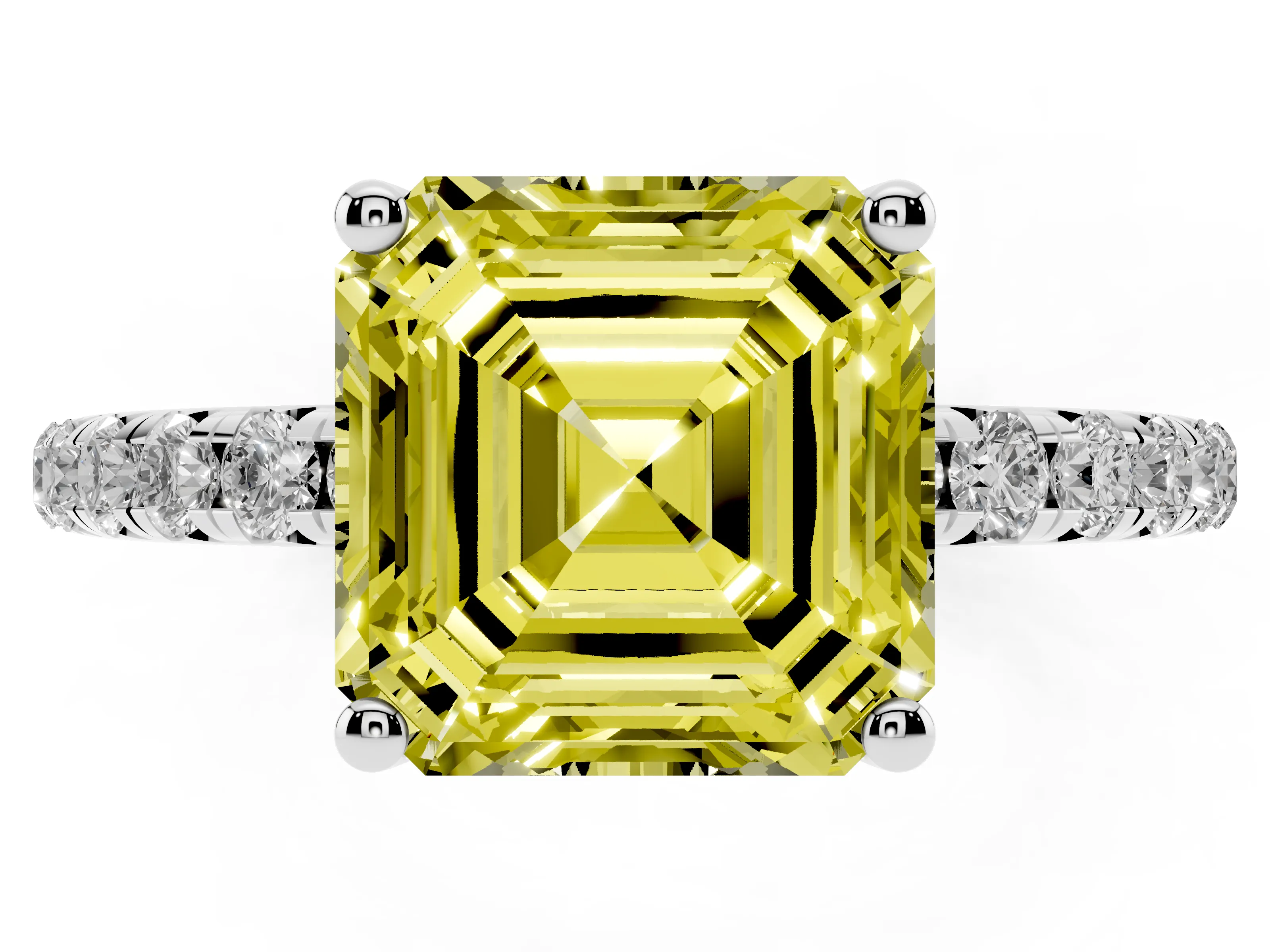 Fancy Yellow Asscher Cut Diamond Solitaire Ring Set in Silver with Micro Pavé Band and Prong Setting