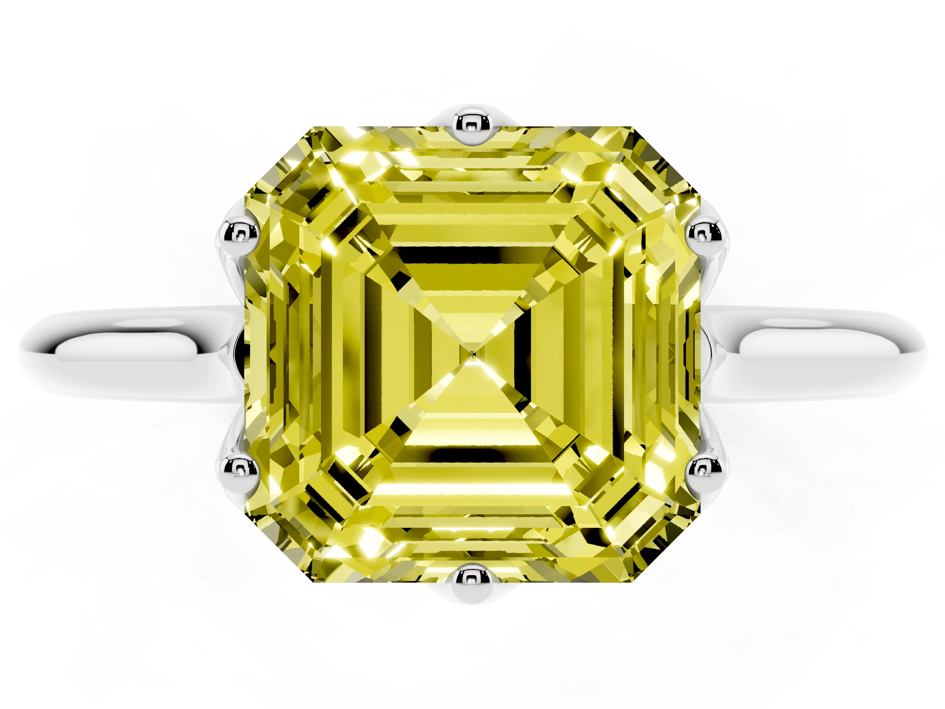 Fancy Yellow Asscher Cut Diamond Solitaire Cathedral Ring Set in Platinum with Prong Setting