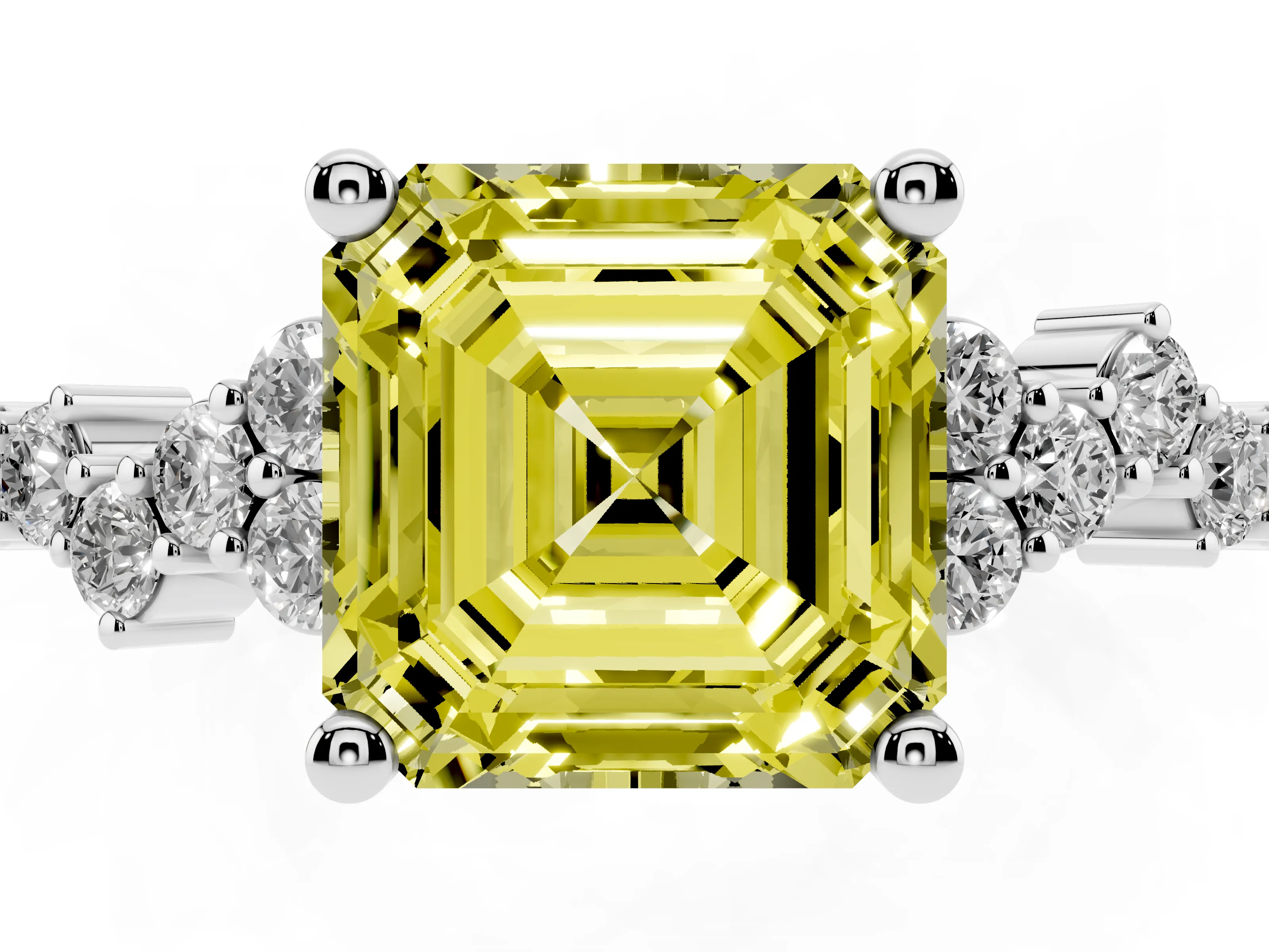 Fancy Yellow Asscher Cut Diamond Ring Set in Platinum with Scattered Round Accents