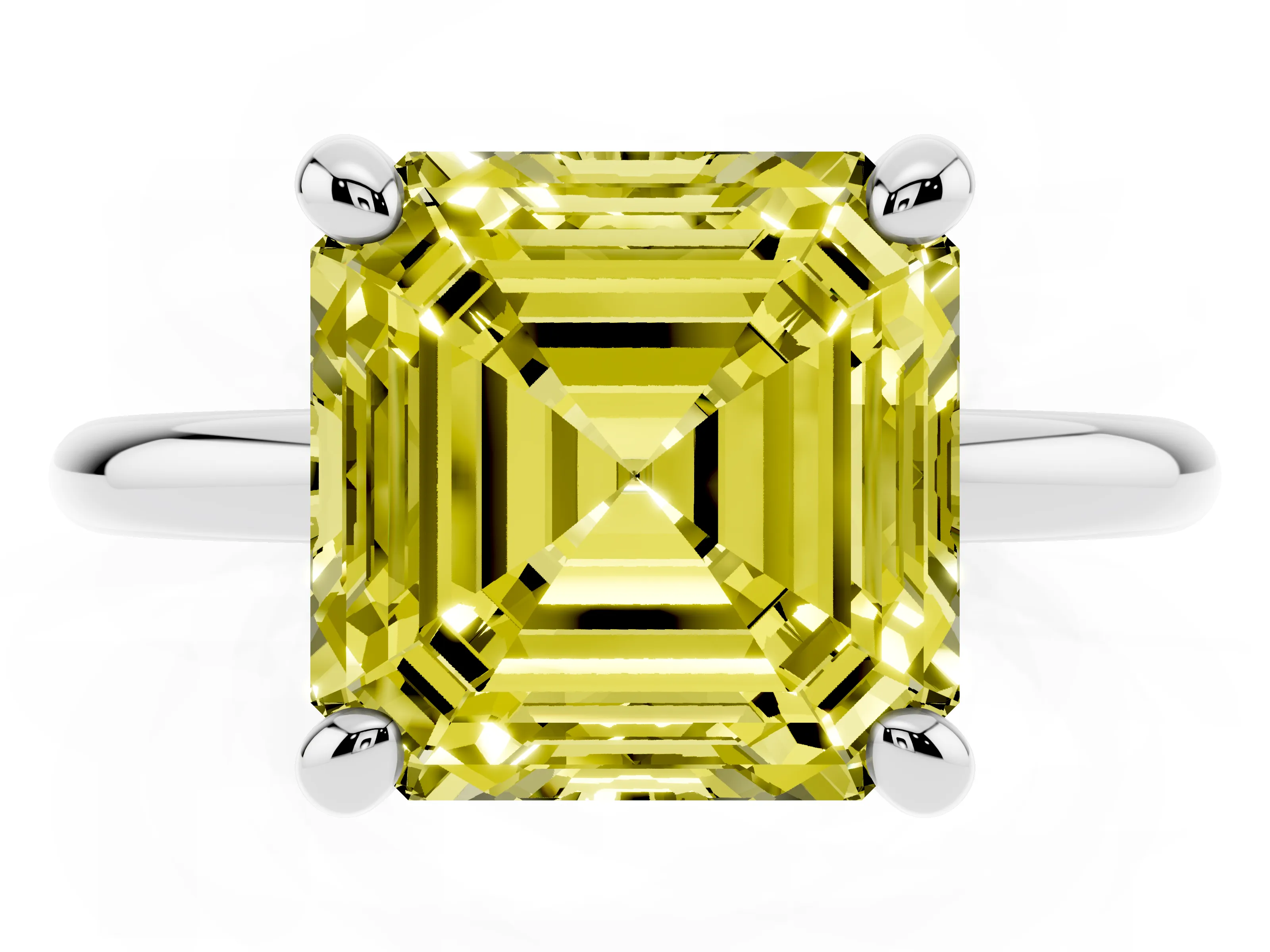 Fancy Yellow Asscher Cut Diamond Solitaire Ring Set in White gold with Prong Setting on a Polished Plain Band