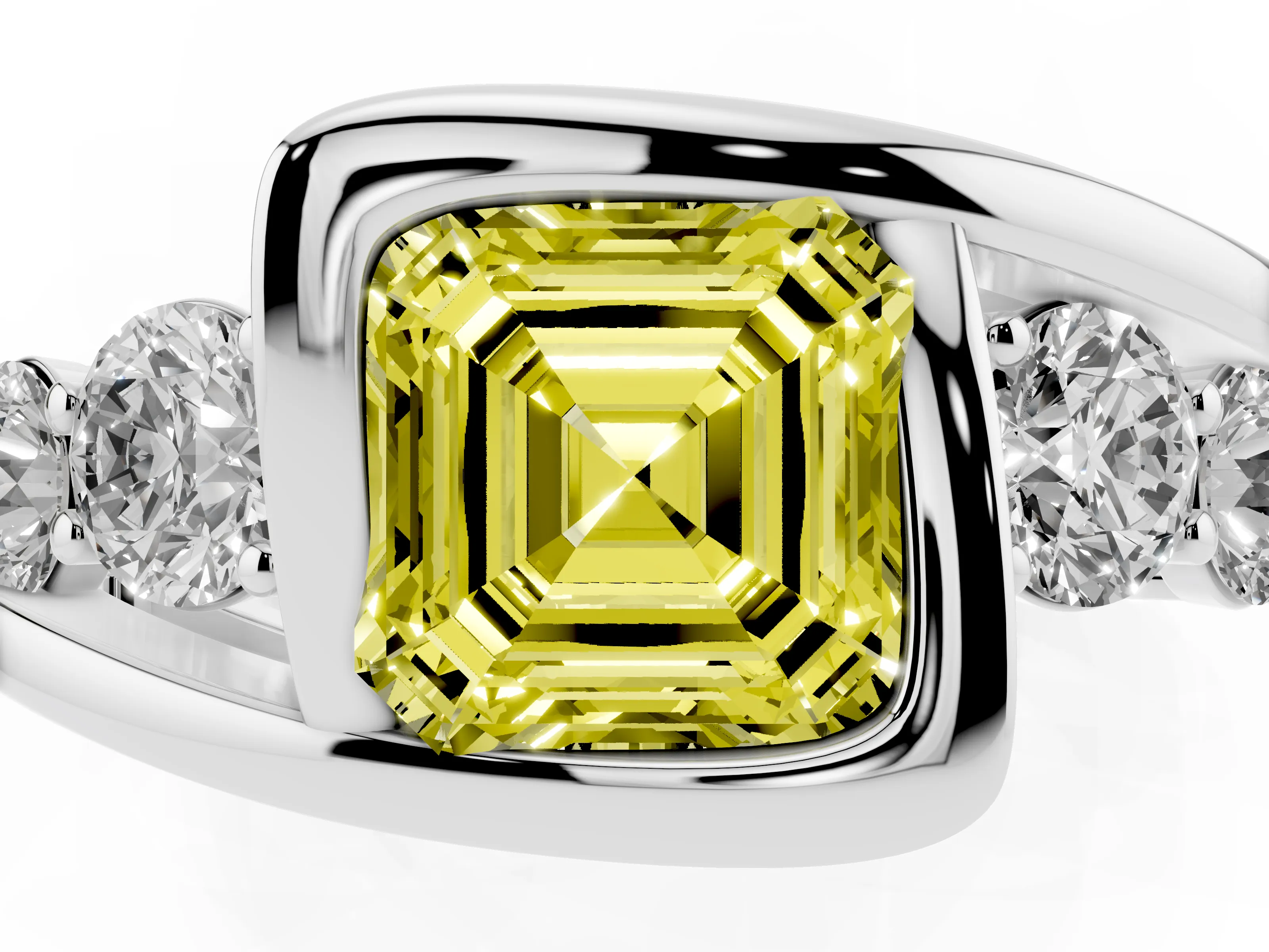 Fancy Yellow Asscher Cut Diamond Bezel Bypass Ring Set in Silver with Round Accents